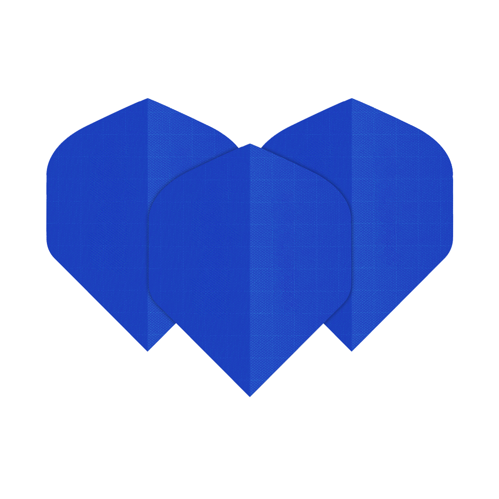 Das Bild zeigt drei blaue Dart-Flights aus Nylon-Stoff. Sie haben eine klassische, leicht abgerundete Form.