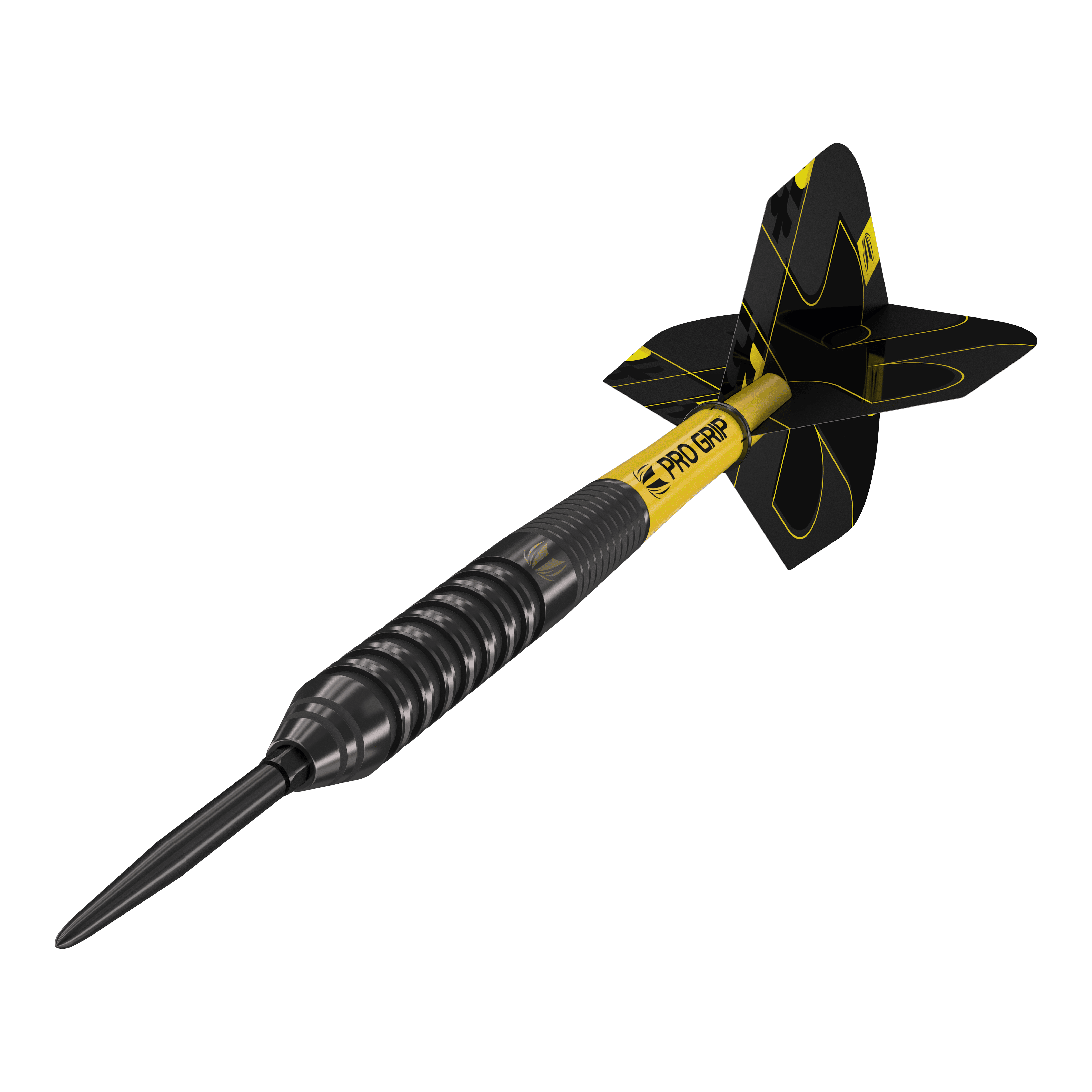 Target Bolide Void 02 Swiss Point steel darts Das Bild zeigt einen Target Bolide Void 02 Swiss Point Steeldart. Der Dart ist schwarz mit gelben Akzenten und hat ein modernes, gerilltes Design.