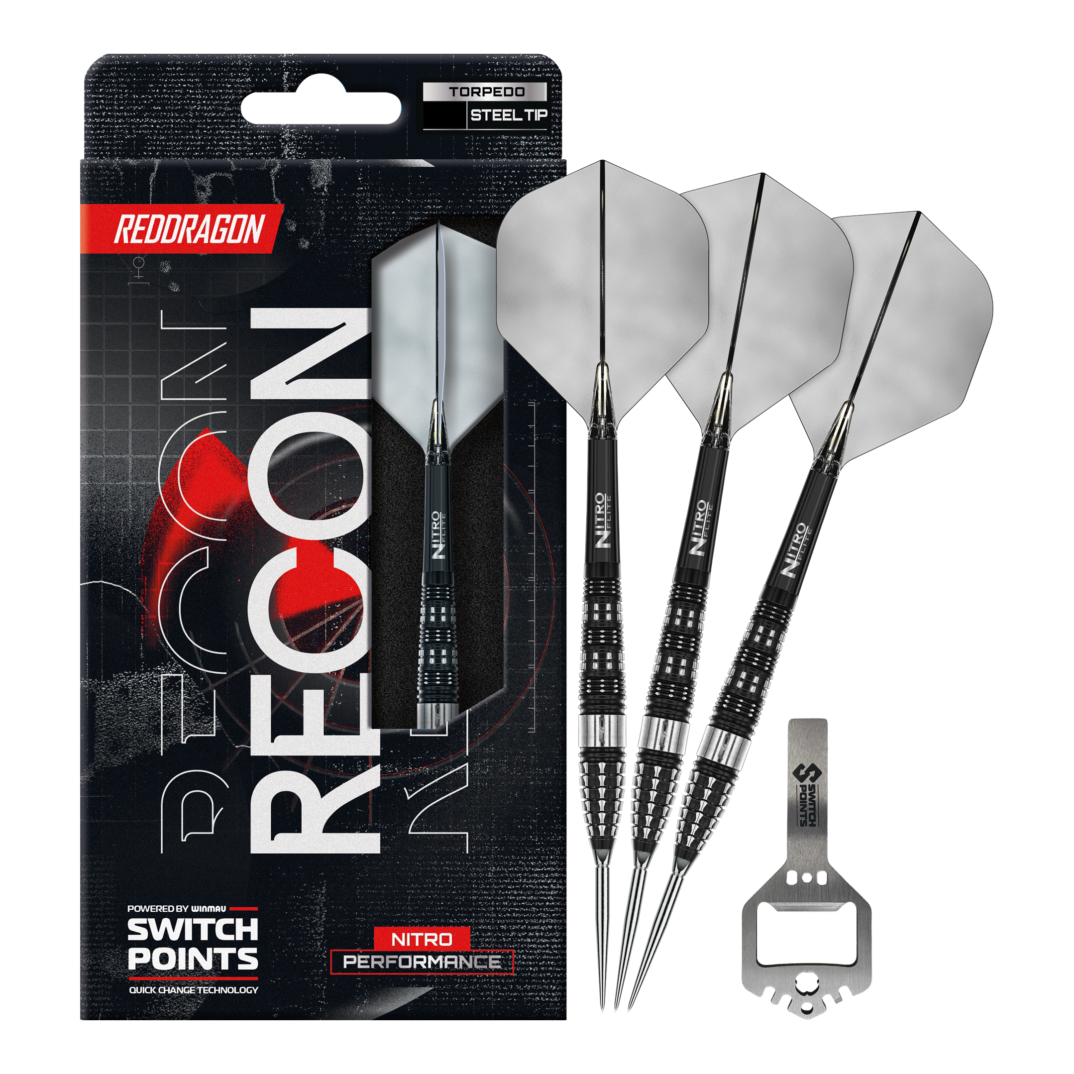 Abgebildet sind die Red Dragon Recon Torpedo Steeldarts mit 23g Gewicht. Diese Steeldarts zeichnen sich durch ihre spezielle Form und hohe Präzision aus.