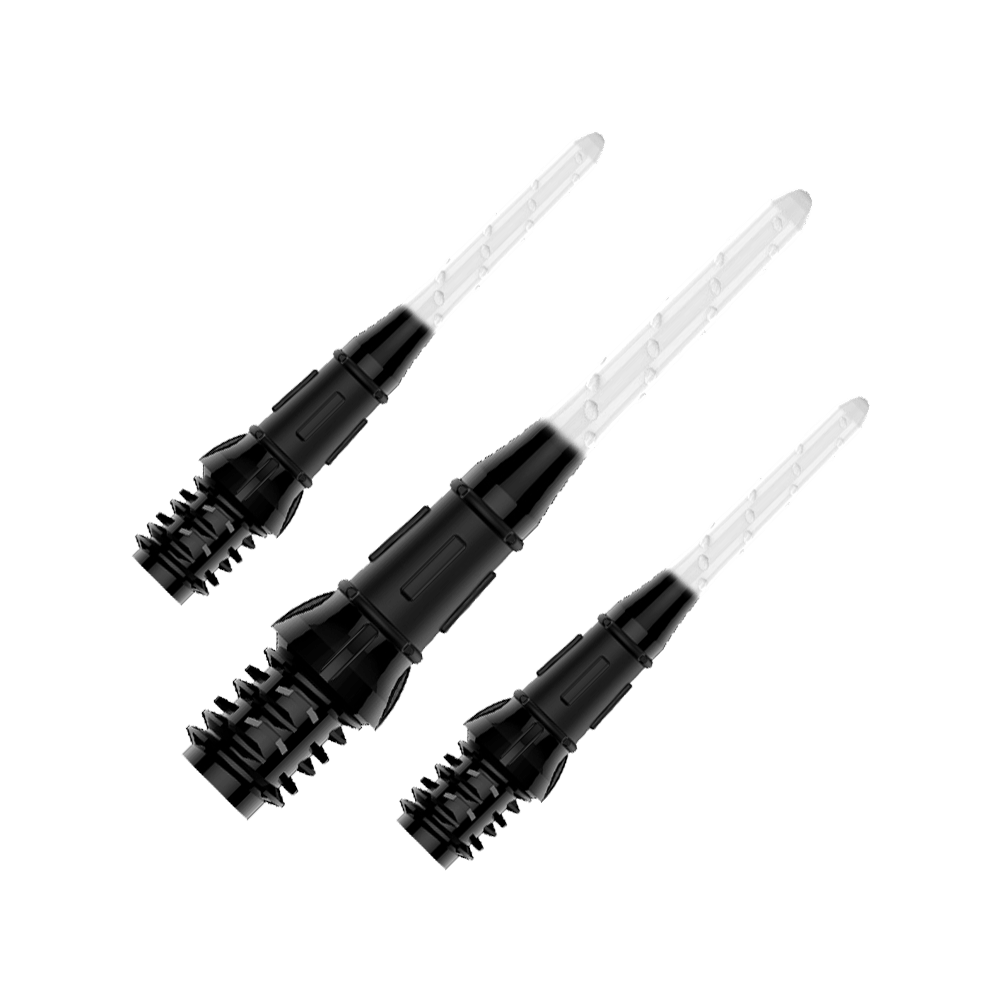 L-Style Premium Two Tone Lippoints (Pack of 30) Auf dem Bild sind drei schwarze und transparente Dartspitzen zu sehen. Sie sind in einer Reihe angeordnet und weisen ein modernes, zweiteiliges Design auf.
