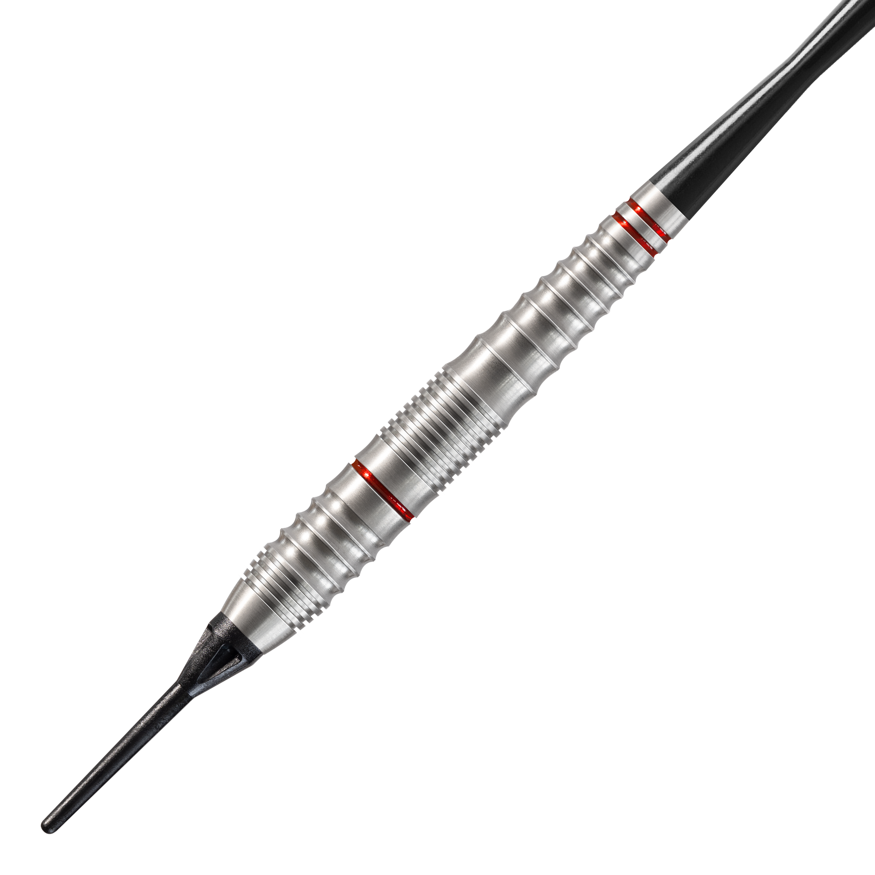 Harrows Rage Softdarts Das Bild zeigt einen silbernen Softdart namens "Harrows Rage Softdarts". Der Dart hat rote Ringe und eine schwarze Kunststoffspitze.