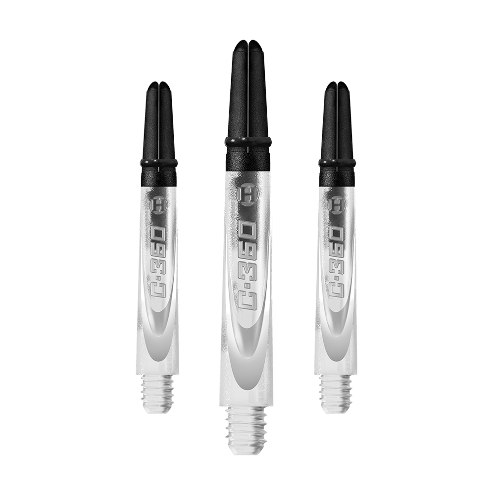 HR447_Harrows_Carbon_360_Shafts_Clear_42mm_1aWgf7bVQ9n2A4 Das Bild zeigt drei transparente Dartschäfte mit schwarzem oberen Ende. Auf jedem Schaft steht die Aufschrift "C-360".