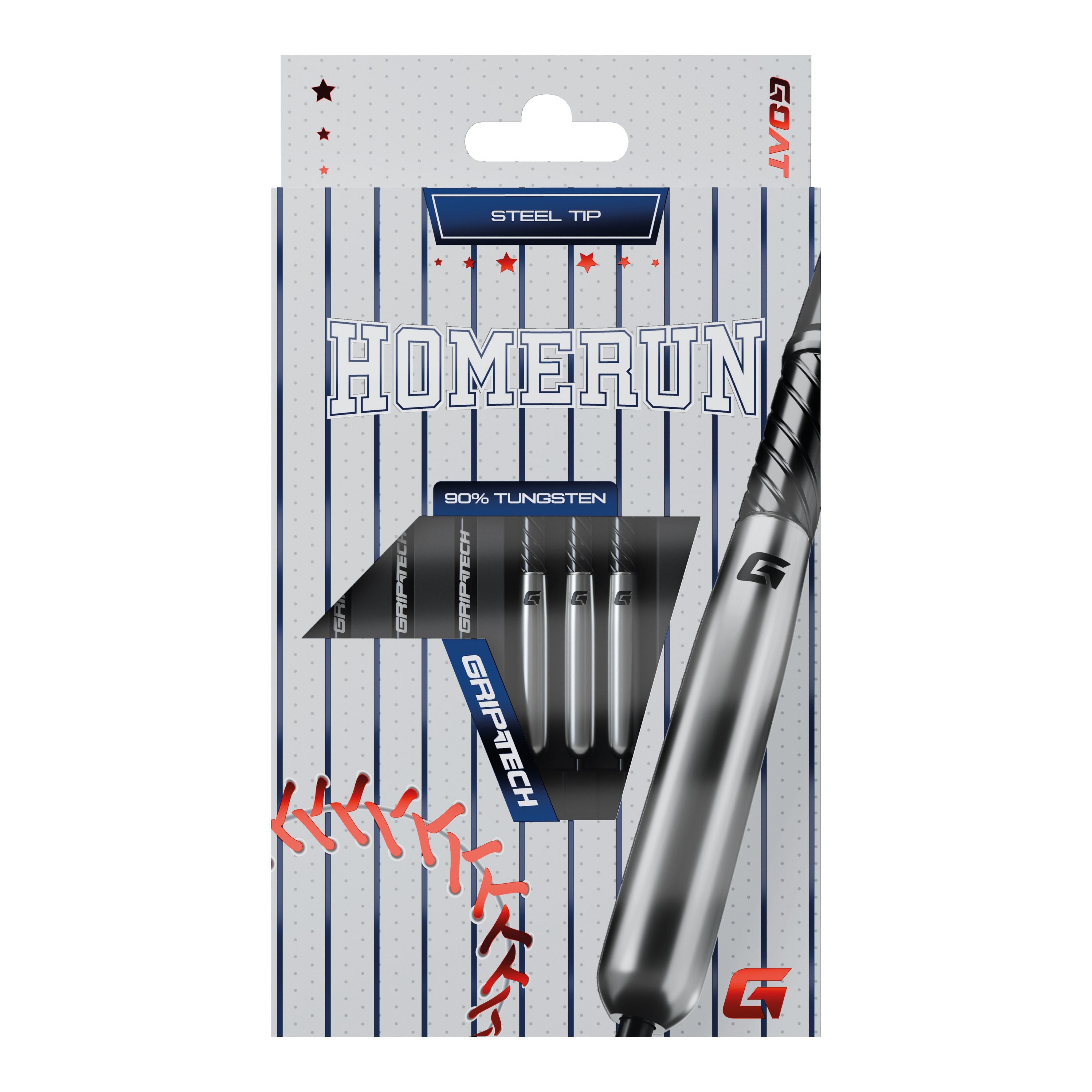 Das Bild zeigt die Verpackung der "GOAT Homerun Baseball Tungsten Steeldarts" mit Stahlspitze. Auf der Vorderseite sind drei Darts sowie baseballtypische Designelemente abgebildet.