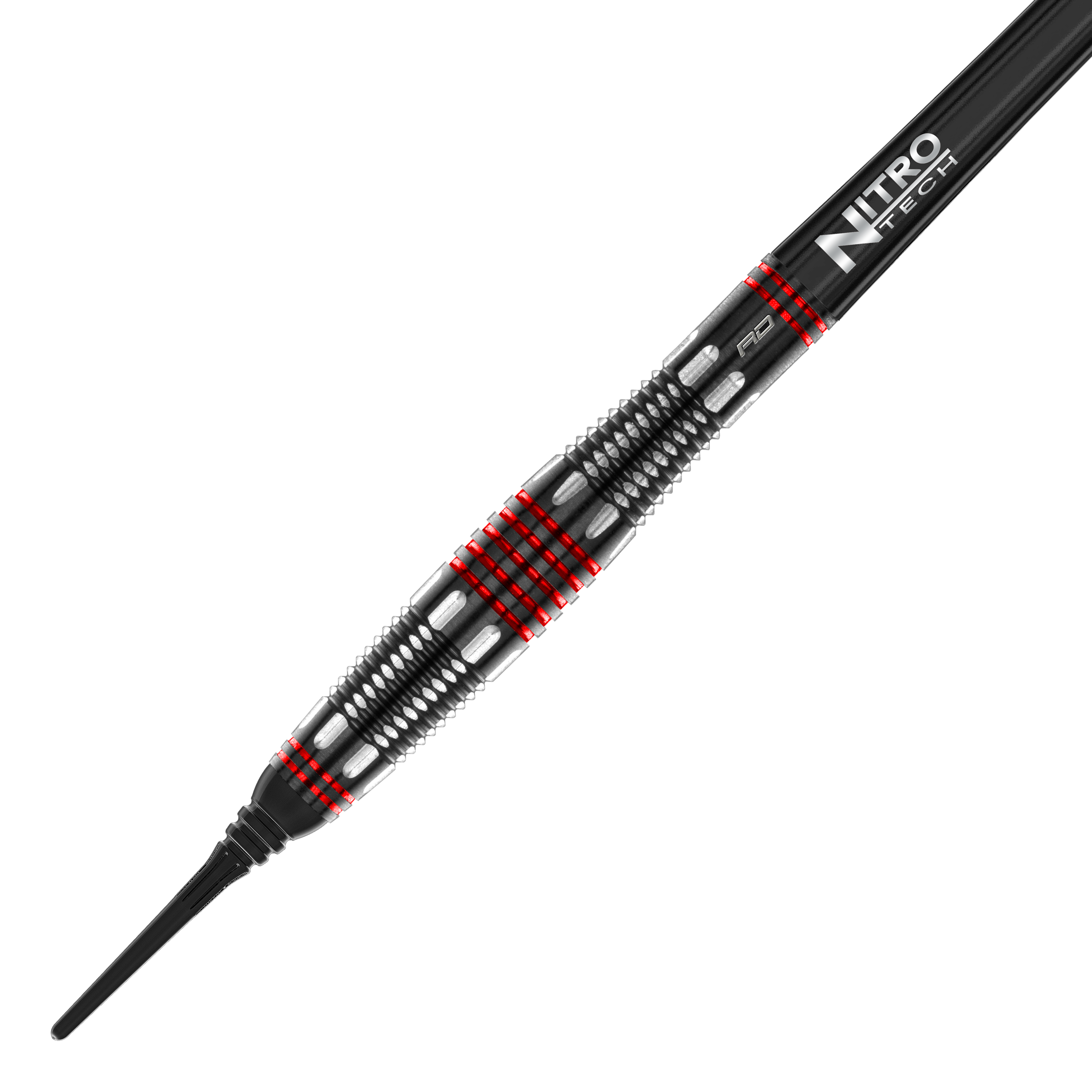 Red Dragon Marlin Venom Soft Darts - 22g Das Bild zeigt den Red Dragon Marlin Venom Softdart mit einem Gewicht von 22 Gramm. Der Dart hat ein schwarzes und silbernes Design mit auffälligen roten Ringen und einer „Nitro Tech“-Beschriftung.