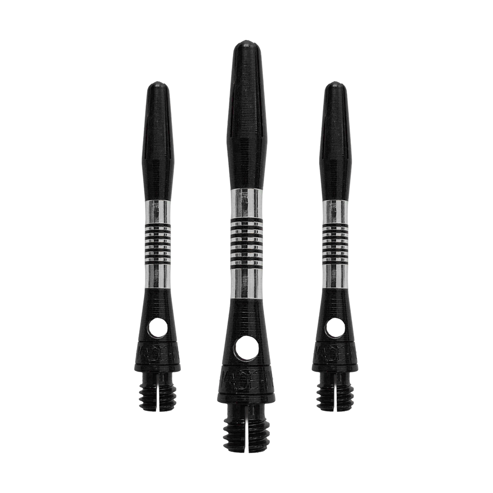 Bulls NL Cetra Aluminium Shafts - Black Das Bild zeigt ein Set von schwarzen Aluminium-Dartschäften. Alle Schäfte haben eine Länge von 34mm.