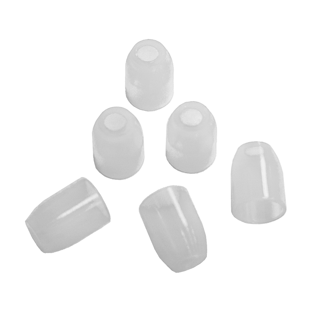 LSF9_L-Style_Champagne-Ringe_Transparent_1 Das Bild zeigt sechs durchsichtige, zylinderförmige Kunststoffkappen. Sie sind auf einem transparenten Hintergrund angeordnet.