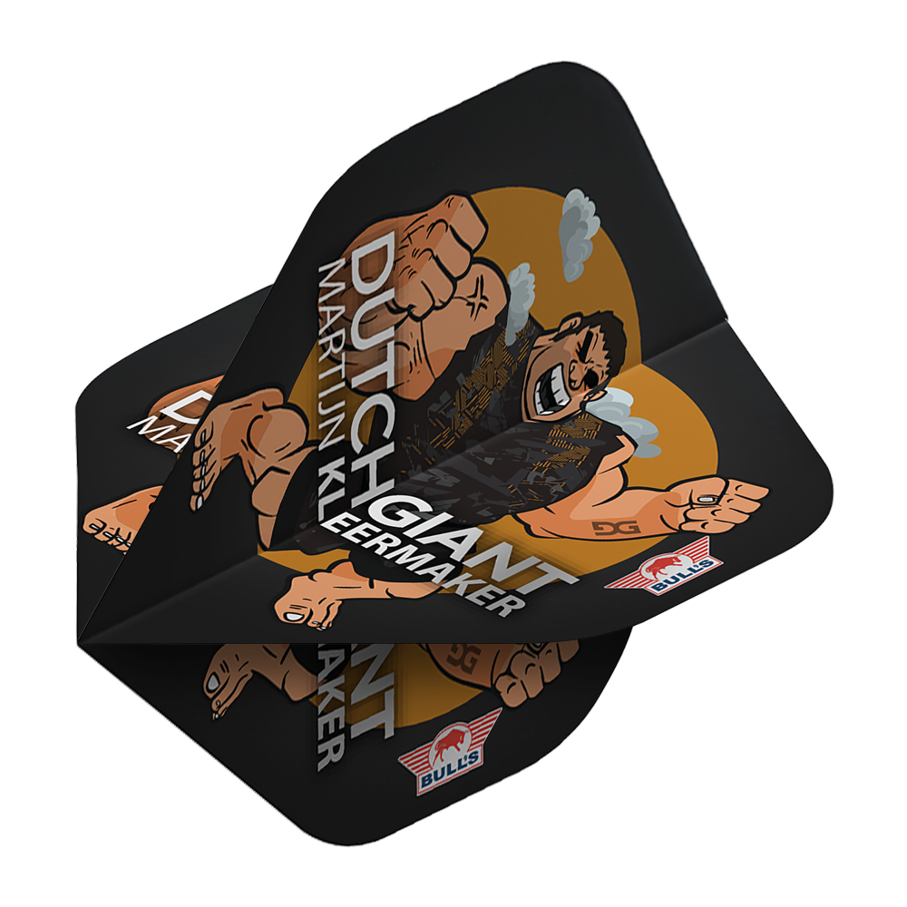 BU50922_Bulls_NL_Player_100_Martijn_Kleermaker_Cartoon_No2_Standard_Flights_2 Das Bild zeigt einen Dartflight mit einer Cartoon-Abbildung eines muskulösen Mannes und dem Text "Dutch Giant Martijn Kleermaker". Der Flight ist schwarz mit orangen und weißen Details sowie dem Bulls NL-Logo.