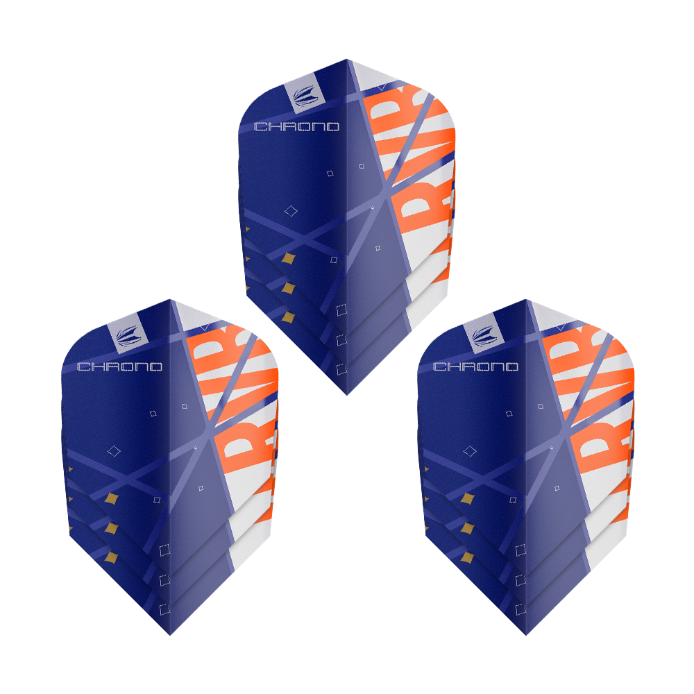 Das Bild zeigt drei Sätze Target Pro Ultra Raymond Van Barneveld Chrono Ten-X Standard Flights. Die Flights sind überwiegend blau mit weißen und orangefarbenen Akzenten gestaltet.