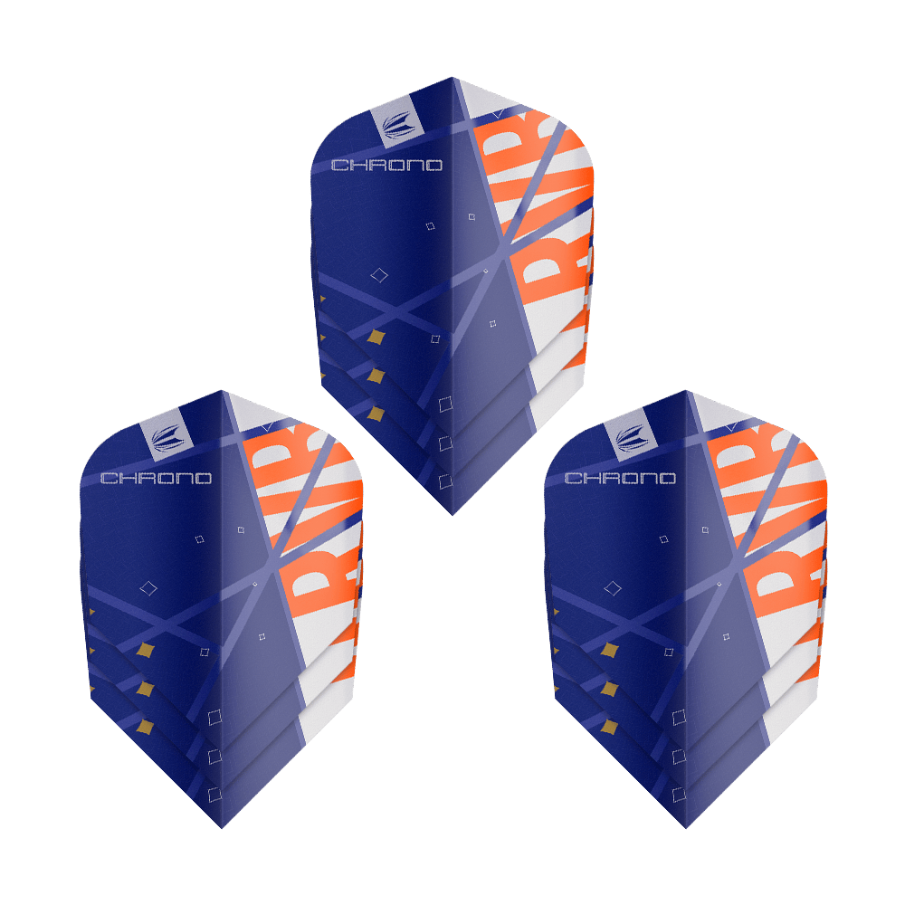 Target Pro Ultra Raymond Van Barneveld Chrono Ten-X Standard Flights - 3 sets Das Bild zeigt drei Sätze Target Pro Ultra Raymond Van Barneveld Chrono Ten-X Standard Flights. Die Flights sind überwiegend blau mit weißen und orangefarbenen Akzenten gestaltet.