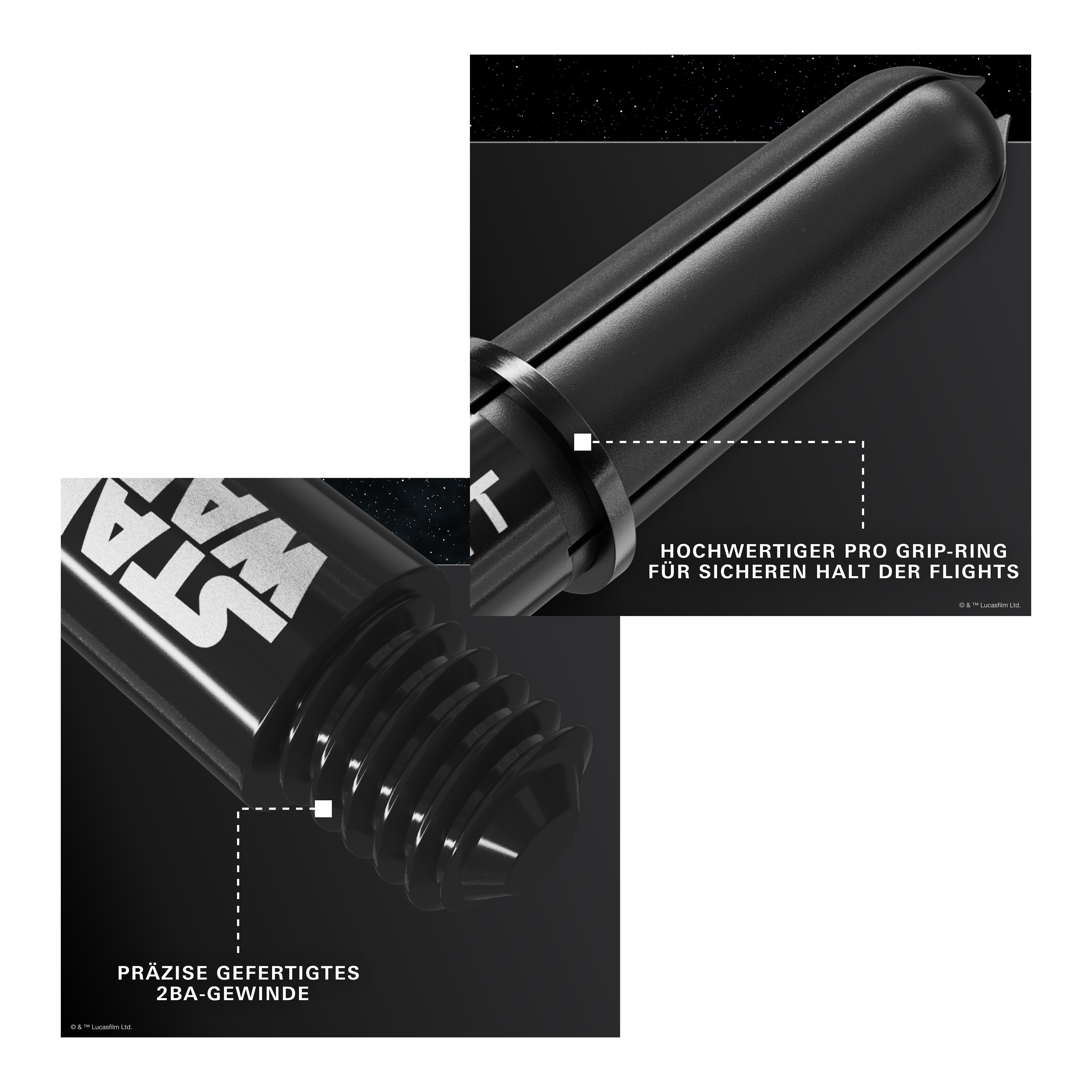 Target Star Wars ProGrip Shafts - Black Target Star Wars ProGrip Shafts in Schwarz sind auf dem Bild zu sehen. Diese Schäfte richten sich an Dart- und Star Wars Liebhaber.