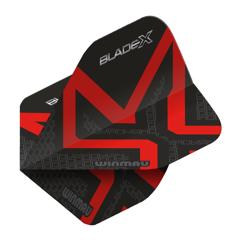 Hier sieht man den Winmau Prism Delta Blade X Metallic Red No2 Standard Flight. Das Produkt ist rot und wird für Dartpfeile verwendet.