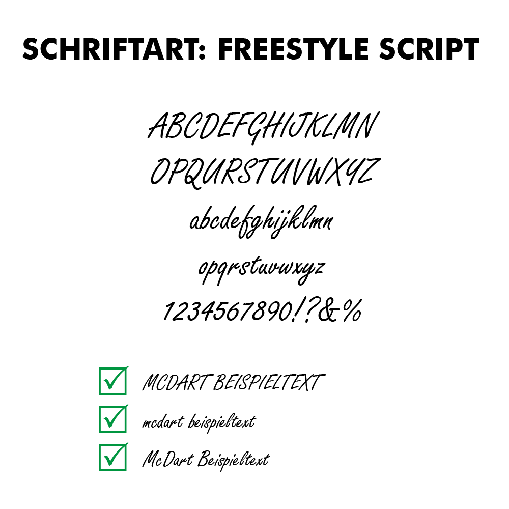 Flightdruck_Schriftart_Freestyle_Script Das Bild zeigt die Schriftart "Freestyle Script" mit Beispielen für Groß- und Kleinbuchstaben, Zahlen und Sonderzeichen. Unten sind verschiedene Beispieltexte mit Häkchen dargestellt.