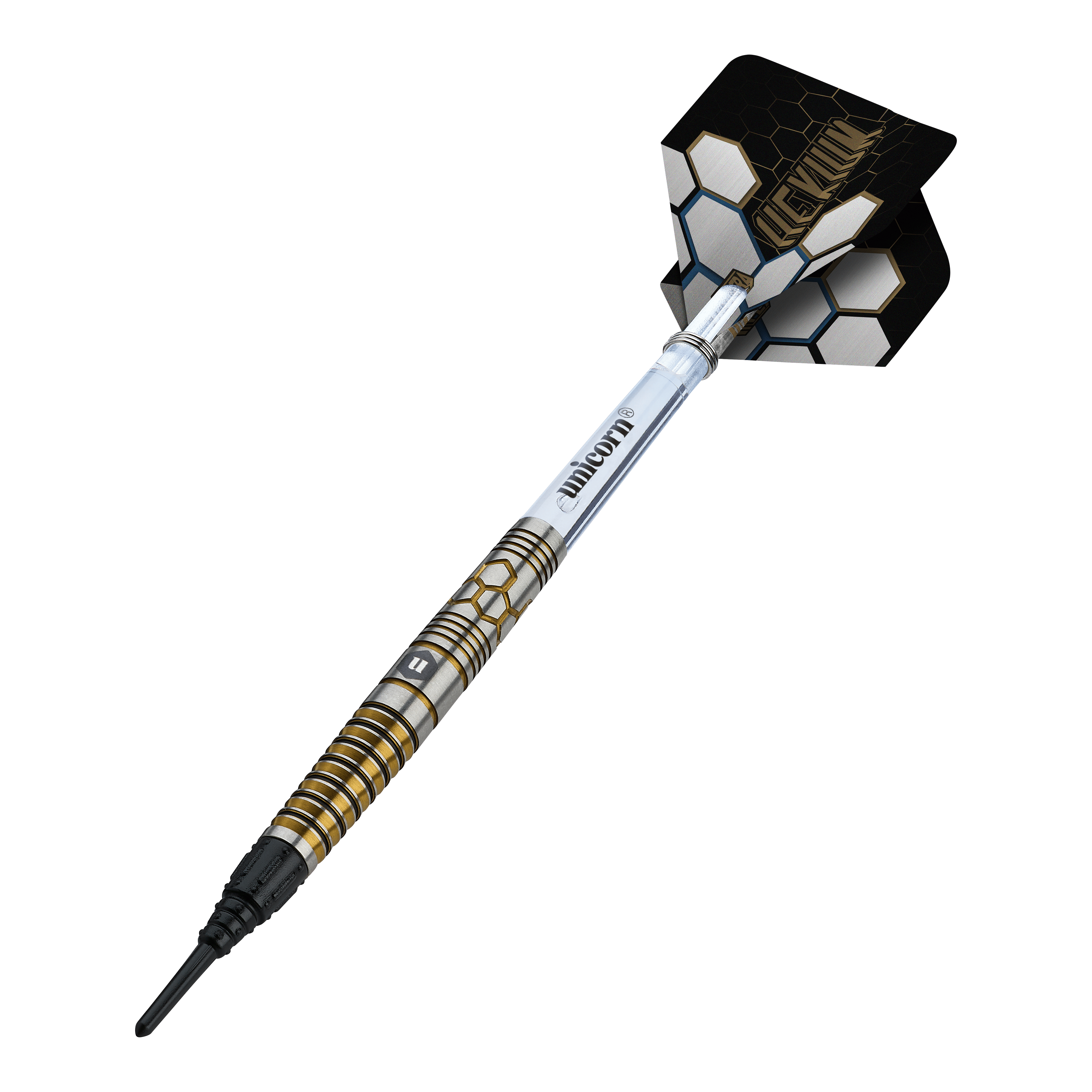 Abgebildet ist das Produkt Unicorn Hexium Style 02 Blue & Gold Softdarts - 21g. Die Farben Blau und Gold dominieren das Design der Softdarts.