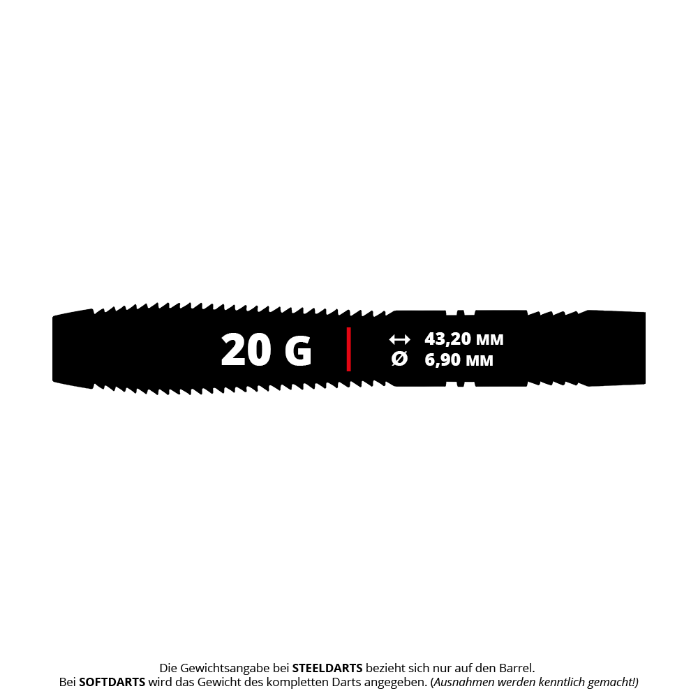 Winmau Callisto 02 soft darts - 20g Das Bild zeigt die Maße und das Gewicht des Produkts "Winmau Callisto 02 Softdarts - 20g". Der Dart wiegt 20 Gramm, ist 43,20 mm lang und hat einen Durchmesser von 6,90 mm.