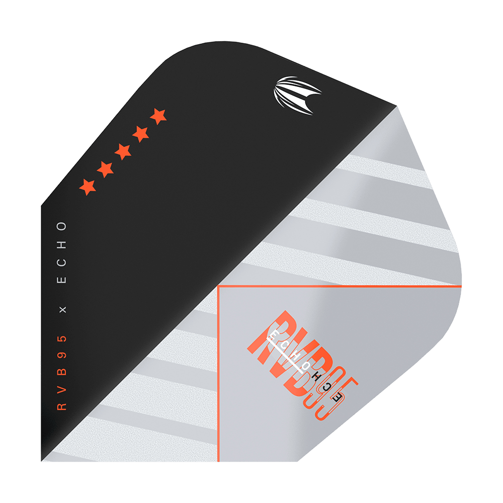 TG86_336730_Target_ProUltra_RvB95_X_Echo_Ten-X_Flights_1a Das Bild zeigt das Produkt „Target Pro Ultra RvB95 X Echo Ten-X Flights“. Das Flight-Design ist schwarz und silber mit orangefarbenen Akzenten und fünf Sternen.