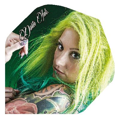 NT2 Darts Ink Tattoo Flights mit Bild eines Mädchens mit auffälligen Haaren. Die Dartflights sind mit einem Tattoo-Design versehen.