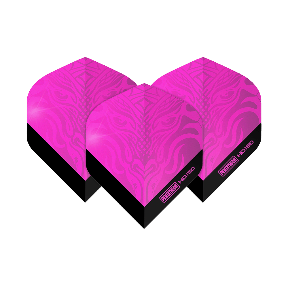 Pentathlon HD150 Metallic Pink Standard Flights Das Bild zeigt drei Pentathlon HD150 Metallic Pink Standard Flights. Die Flights sind leuchtend pink mit einem schwarzen unteren Rand und einem dekorativen Muster.