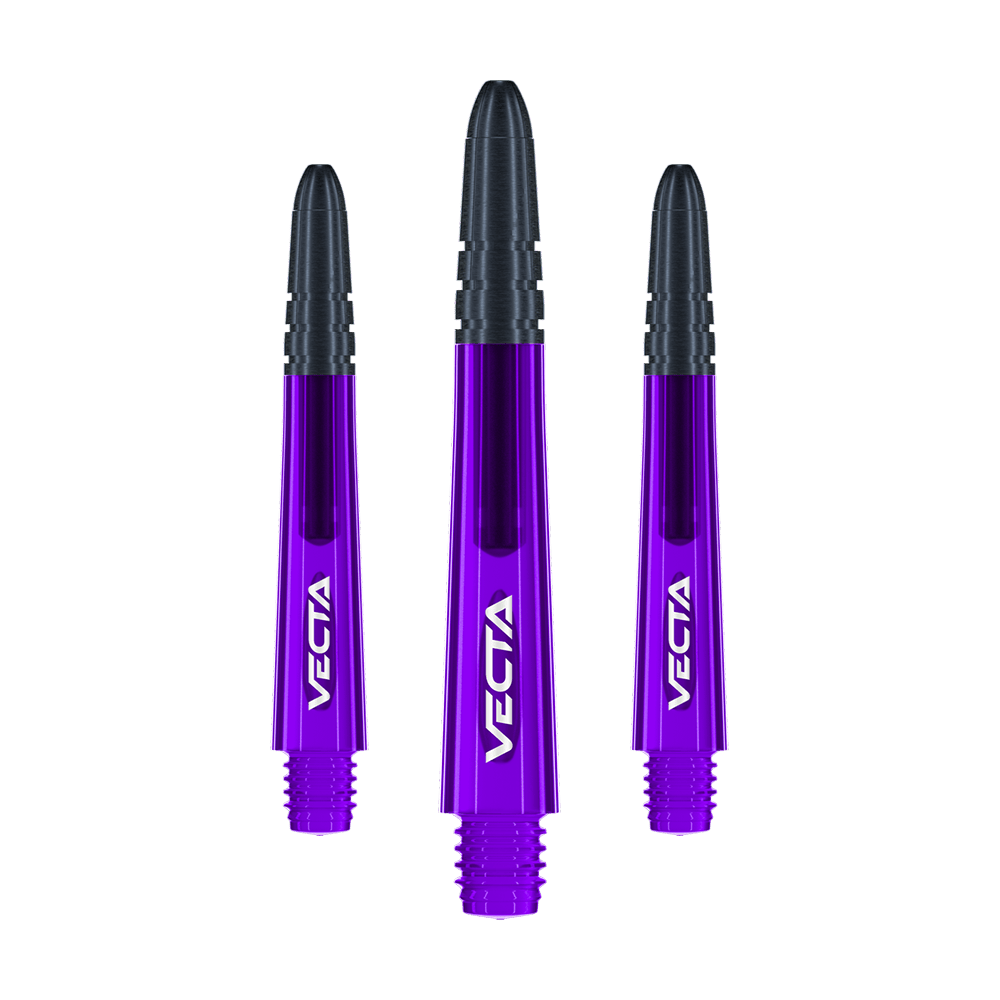 Das Bild zeigt drei violett-schwarze Dartschäfte mit der Aufschrift "VECTA". Sie sind gleich lang und nebeneinander angeordnet.