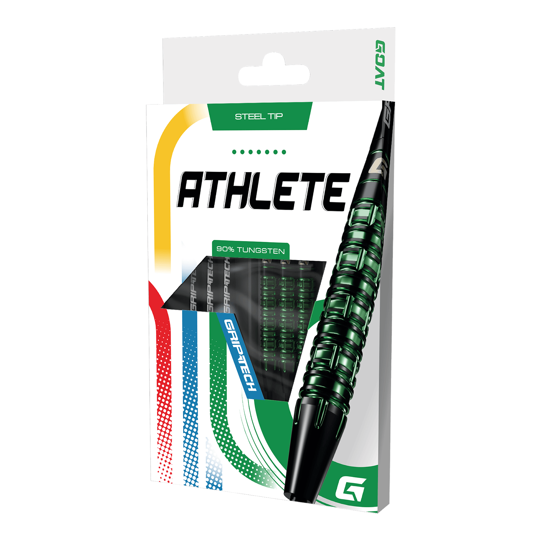 Dieses Bild stellt die GOAT Athlete Green Tungsten Steeldarts dar. Die Darts heben sich durch ihr grünes Design hervor.