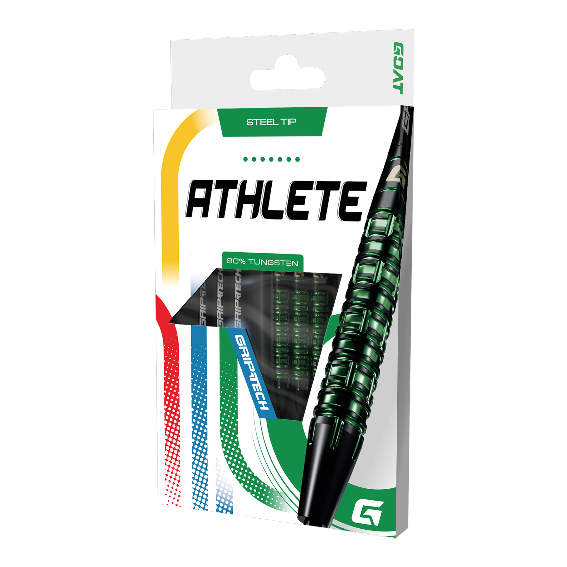 GOAT Athlete Green Tungsten Steel Darts Dieses Bild stellt die GOAT Athlete Green Tungsten Steeldarts dar. Die Darts heben sich durch ihr grünes Design hervor.