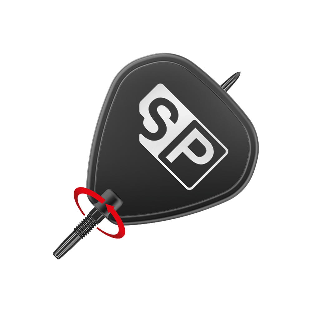 Target Swiss Point Nano Dartspitzen - Black Das Bild zeigt die Target Swiss Point GRD Black Dartspitzen. Die Dartspitze ist schwarz und trägt das weiße "SP"-Logo.