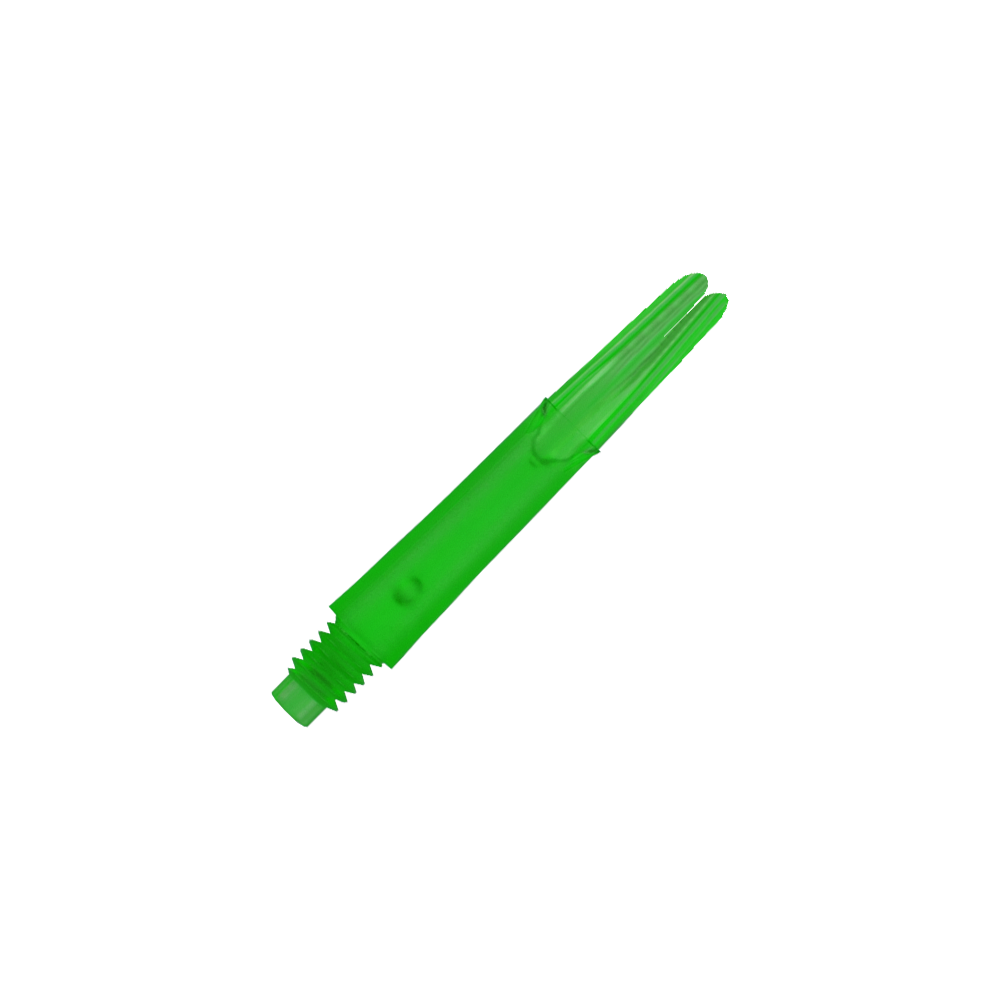 Das Bild zeigt einen geraden, grünen Dart-Schaft ohne Kappen. Er ist aus Kunststoff gefertigt und hat ein Schraubgewinde am unteren Ende.