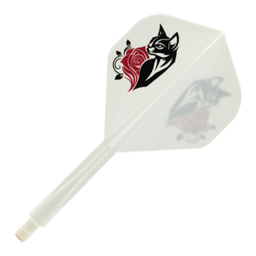 Abgebildet ist das Condor AXE Black Cat White Standard Flight-Shaft-System. Das Produkt bietet eine Kombination aus Flight und Shaft für mehr Stabilität beim Dartspiel.