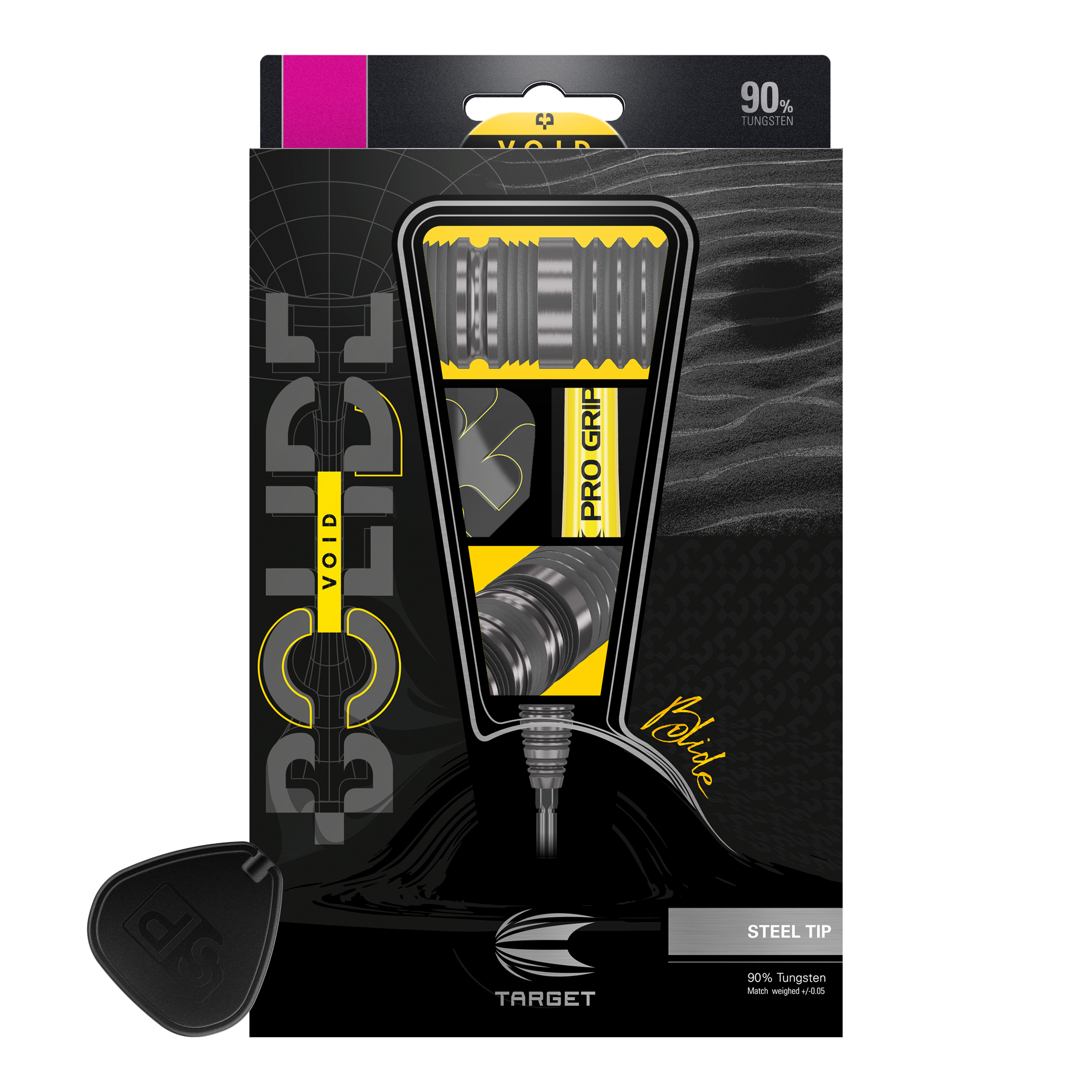 Target Bolide Void 02 Swiss Point steel darts Das Bild zeigt die Verpackung der "Target Bolide Void 02 Swiss Point Steeldarts". Die Darts bestehen zu 90% aus Tungsten und haben eine Stahlspitze.