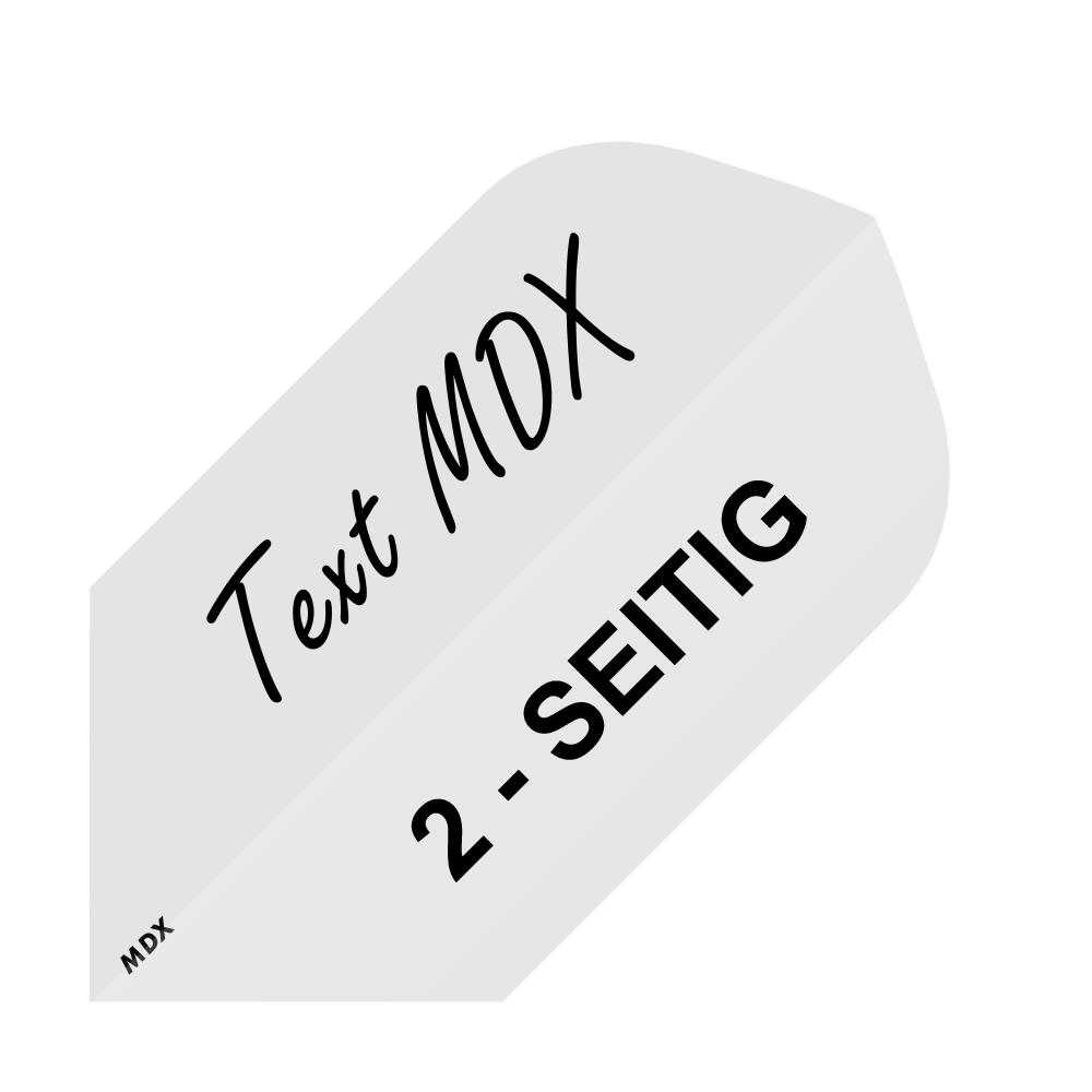 MD-451_2-Seitig_Bedruckte_Flights_Wunschtext_MDX_Weiss_Slim_1 Das Bild zeigt ein Beispiel für bedruckte Dart-Flights mit individuellem Wunschtext. Auf dem Flight steht "Text MDX" und "2-SEITIG".