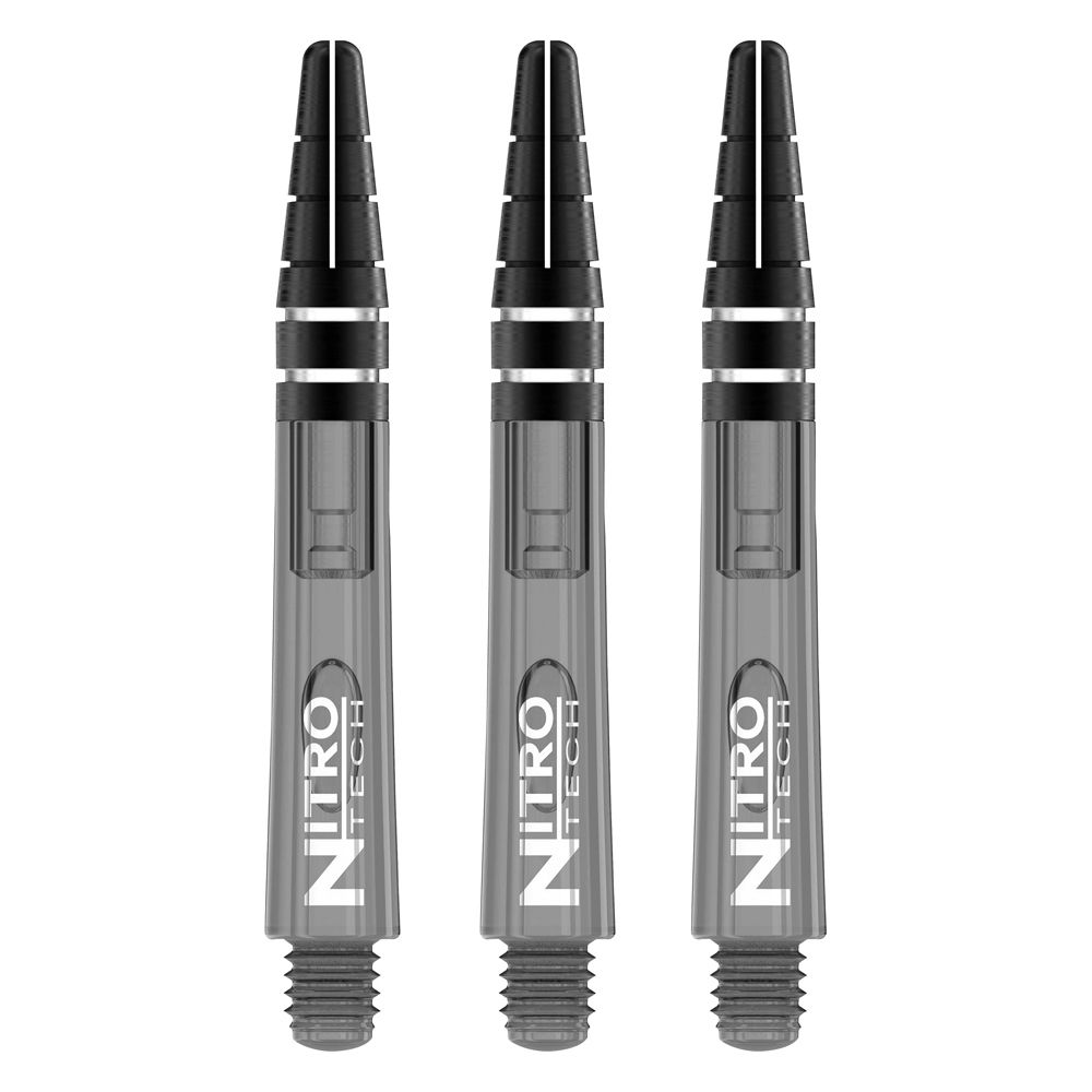 C442_Nitrotech_Short_Black_Tint_V Das Bild zeigt drei schwarze RedDragon Nitrotech Shafts nebeneinander. Die Shafts haben ein durchsichtiges Design mit dem Aufdruck "NITRO TECH".