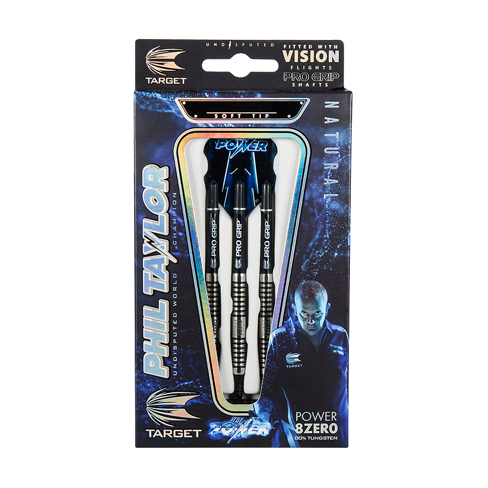 200240-Target-Phil-Taylor-Power-8Zero-Softdarts-3-4-Wallet Das Bild zeigt die Target Phil Taylor Power 8zero Softdarts in ihrer Originalverpackung. Die Verpackung hebt den Namen Phil Taylor und das hochwertige Design der Darts hervor.