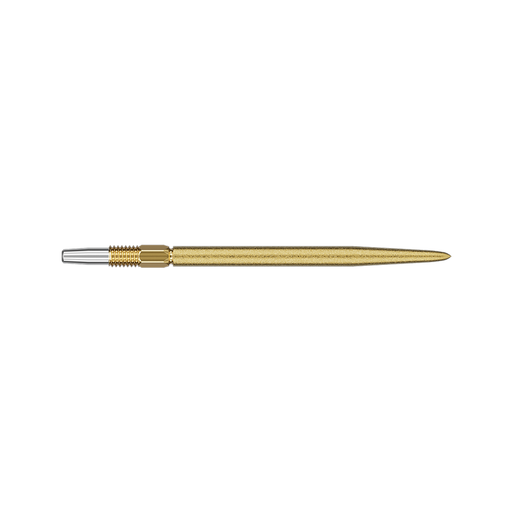 Target Swiss Point SLK dart tips - gold Auf dem Bild ist eine goldene Dartspitze zu sehen. Sie ist schlank und hat ein silbernes Ende zur Befestigung.