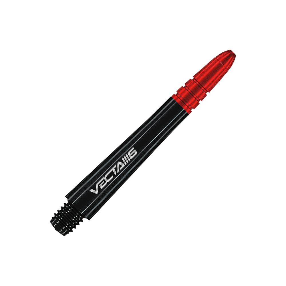 7025_207_Winmau_Vecta_Blade6_Shafts_46mm_2 Auf dem Bild ist ein Winmau Vecta Shaft - Blade 6 zu sehen. Der Schaft ist schwarz mit roten Akzenten und dem Schriftzug "Vecta IIII6".