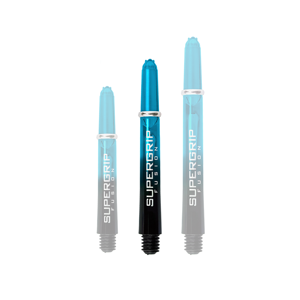HR346_Harrows_Supergrip_Fusion_Shafts_Aqua_40mm_1G9zq1ZOJ46kl9 Das Bild zeigt drei Harrows Supergrip Fusion Shafts in der Farbe Aqua. Die Shafts sind halb transparent blau und schwarz und haben den Aufdruck "SUPERGRIP FUSION".