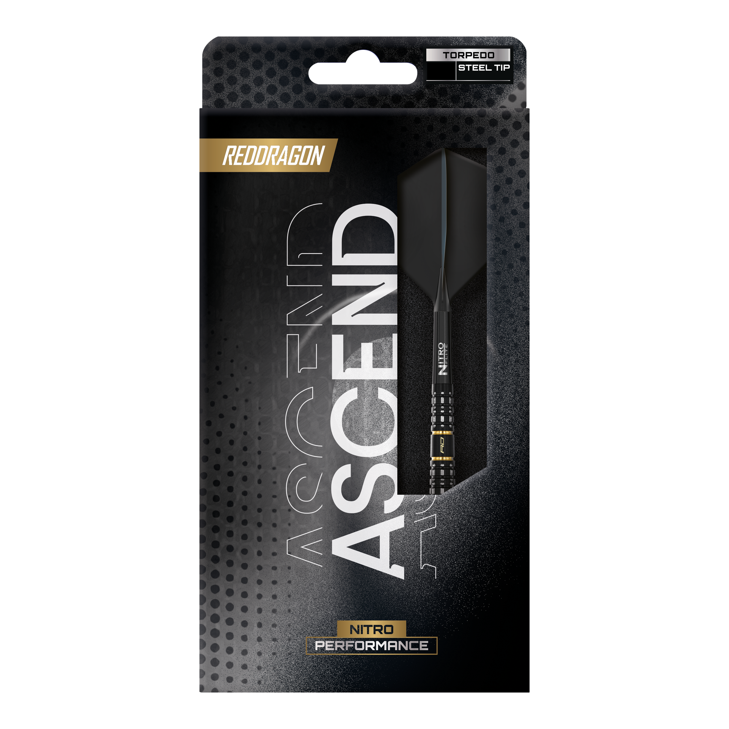 Red Dragon Ascend Torpedo Steel Darts Dargestellt sind die Red Dragon Ascend Torpedo Steeldarts. Das Bild fokussiert auf die Form und Struktur der Darts.