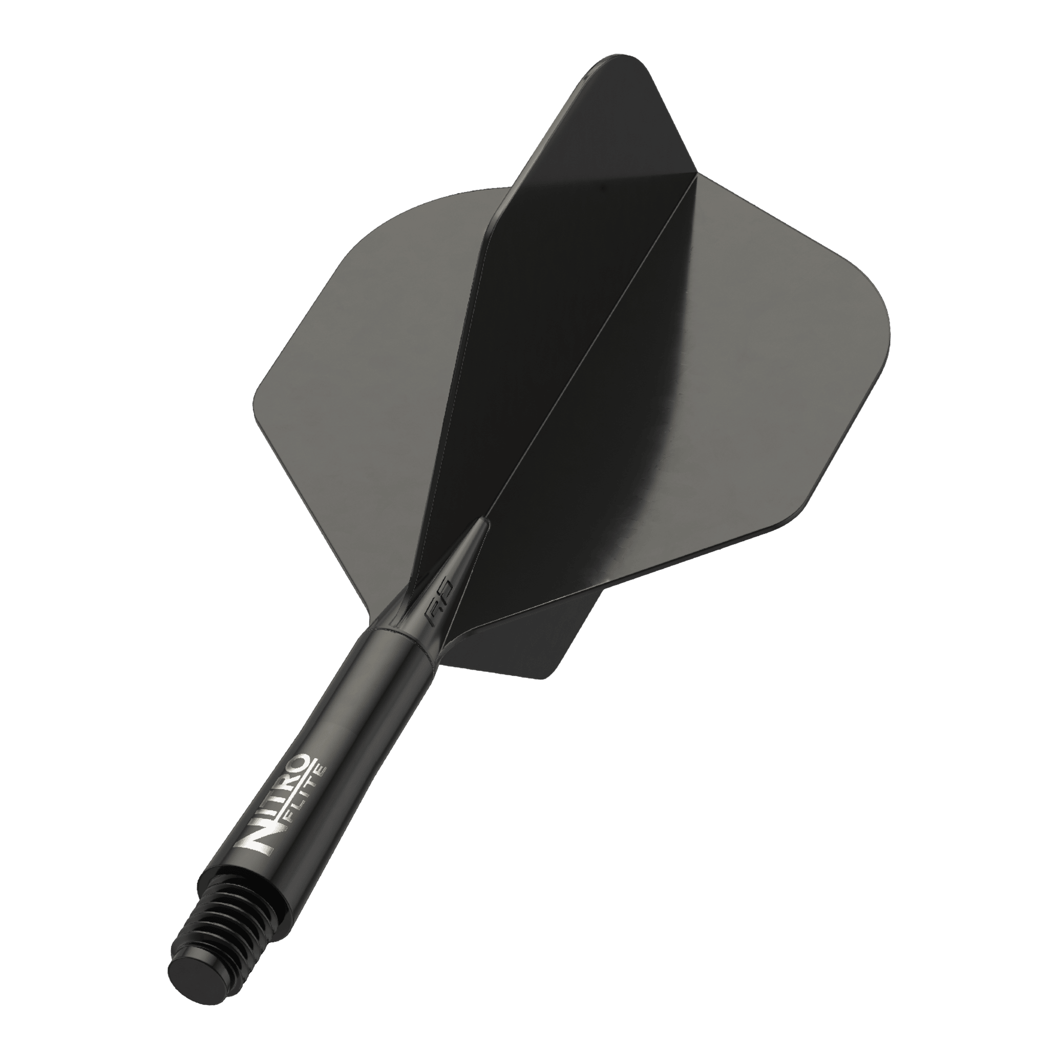 Red Dragon Nitroflite - Black Shaft Black No2 Flights Auf dem Bild ist ein schwarzer Dart-Schaft mit schwarzen Flights zu sehen. Auf dem Schaft steht der Schriftzug "NITRO FLITE".