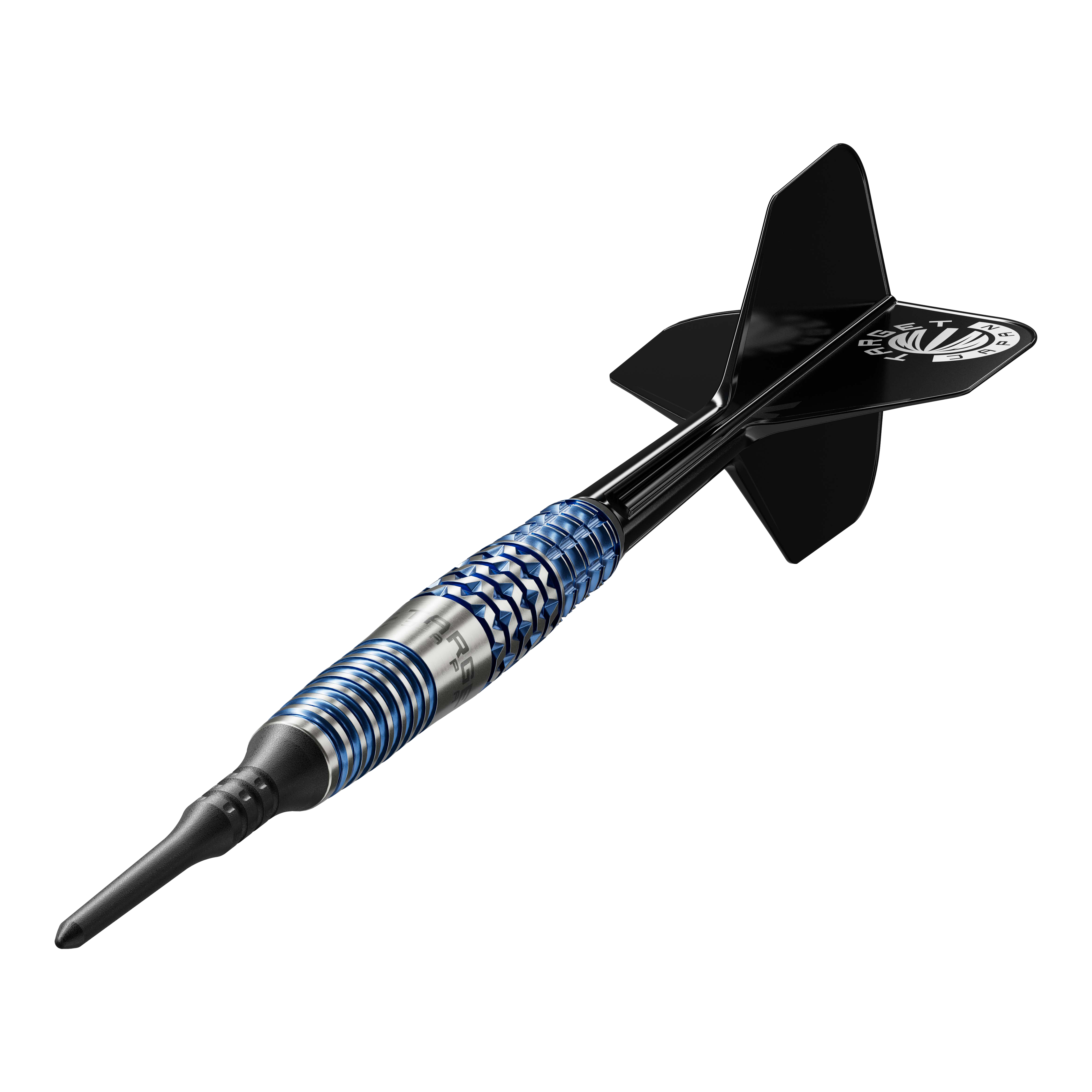Dies ist ein Softdart mit einem schwarzen Flight und einem silber-blauen Barrel. Es handelt sich um das Modell "Target Japan Toru Suzuki Sereno GEN2 Softdarts - 20g".
