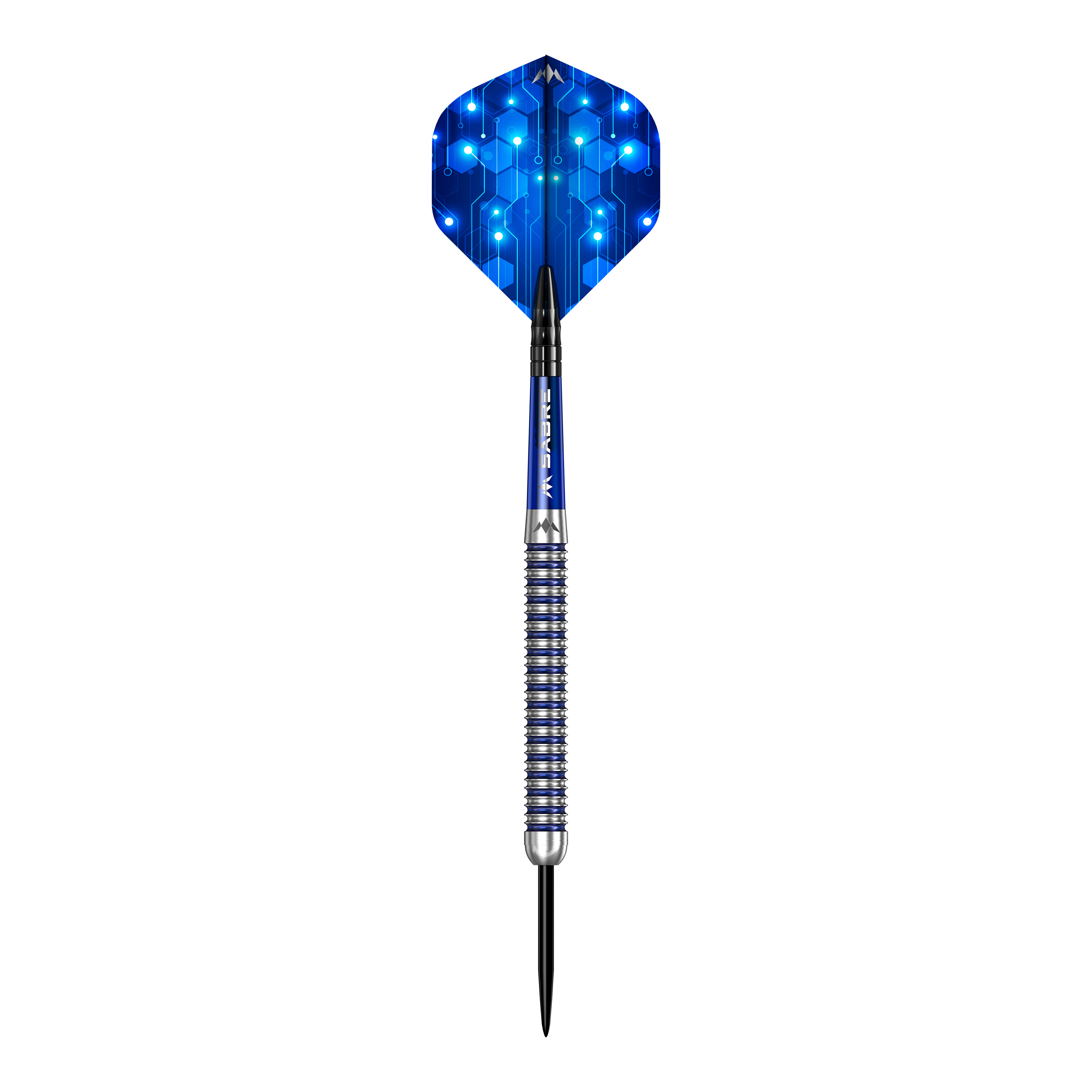 Das Bild zeigt die Mission ION Blue Silver Steeldarts. Die Darts sind in Blau und Silber gehalten.