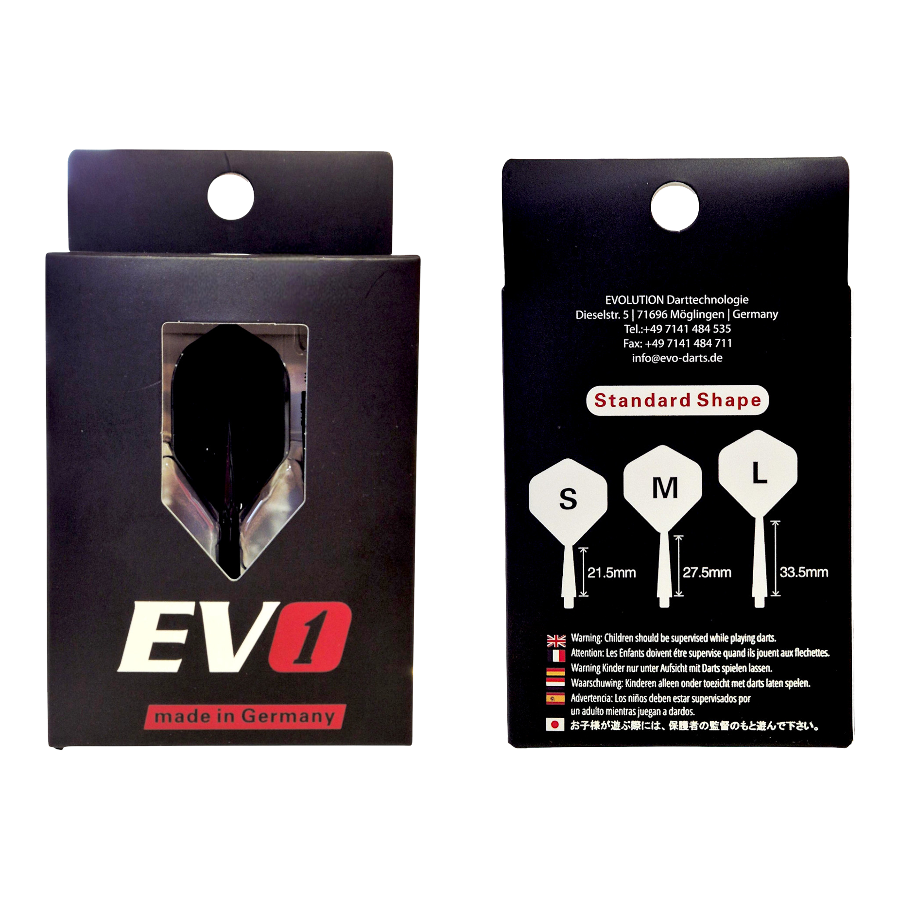 Evolution EVO1 Flight-Shaft-System in Schwarz ist dargestellt. Das Produkt ist für den Einsatz im Dartsport geeignet.