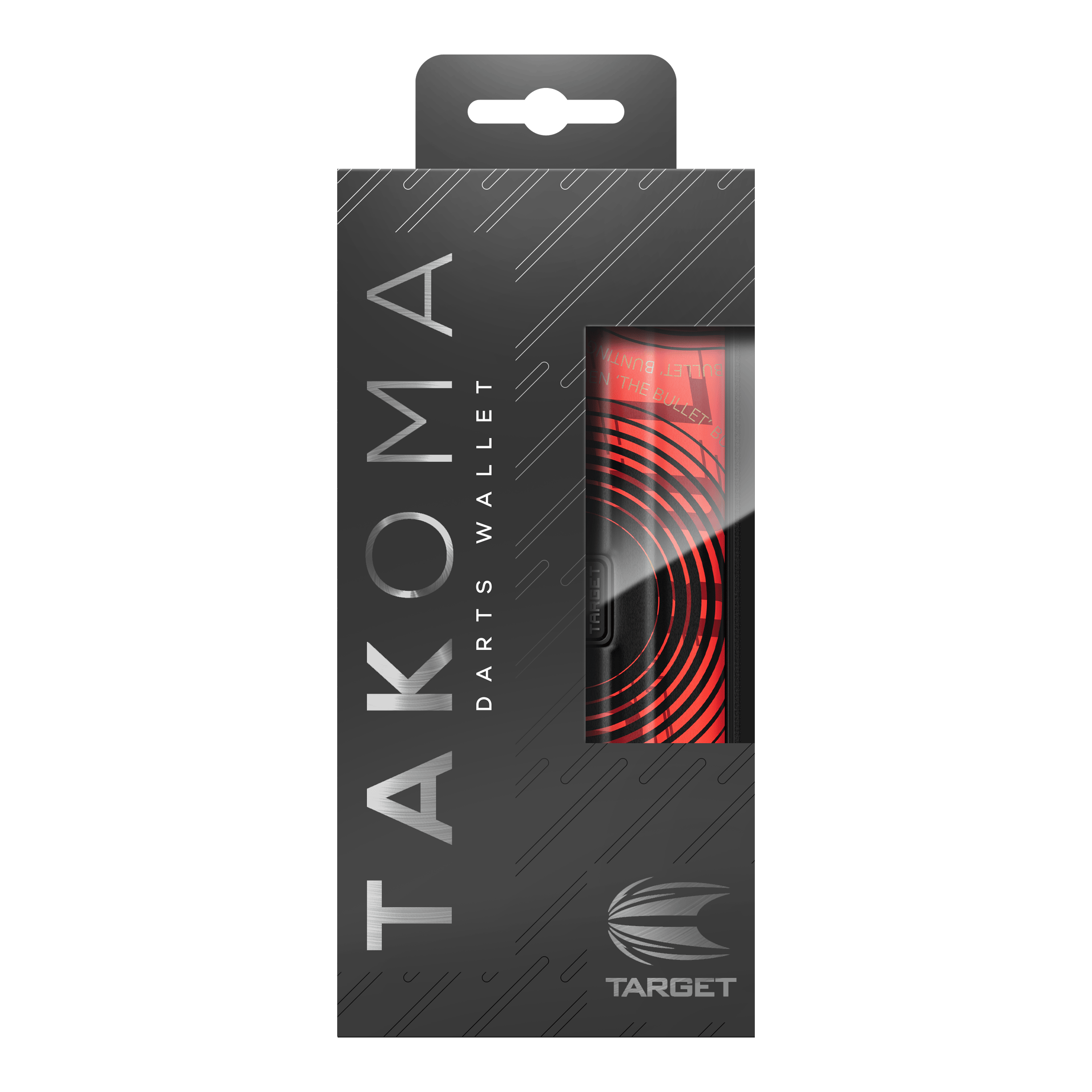 Target Takoma Stephen Bunting dart case Die Abbildung zeigt die Verpackung des Produktes „Target Takoma Stephen Bunting Dartcase“. Das Etui ist rot-schwarz gestaltet und befindet sich in einer eleganten, schwarzen Box mit Sichtfenster.