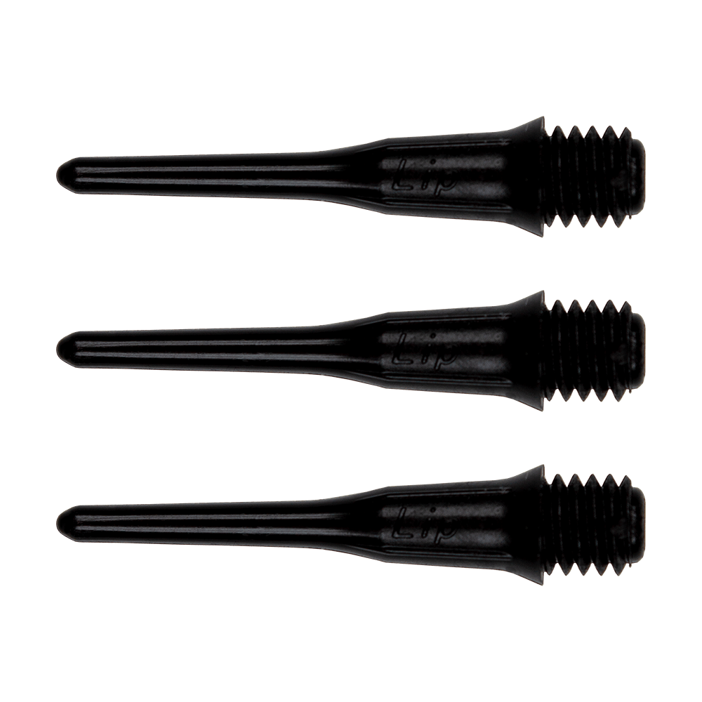 SLIP-BK-Short_Lippoints_50er_Black_1 Das Bild zeigt drei schwarze Short Lippoints Spitzen mit Gewinde. Diese Spitzen sind Ersatzteile für Dartpfeile.