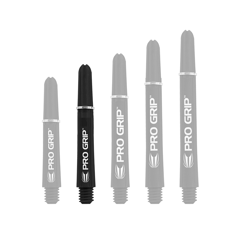 Das Bild zeigt fünf schwarze Target Pro Grip Shafts in unterschiedlichen Längen. Auf jedem Shaft steht in weißer Schrift "PRO GRIP".