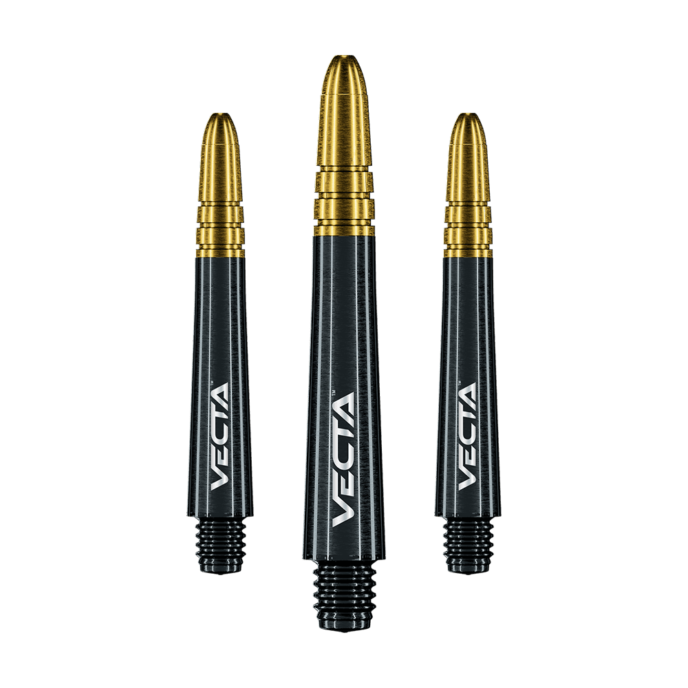 7025-409_Winmau_Vecta_Shafts_Schwarz_Gold_37mm_1teSlm54iNwsM3 Das Bild zeigt drei schwarze und goldene Dartschäfte mit der Aufschrift "Vecta". Die Schäfte stehen nebeneinander auf einem grünen Hintergrund.