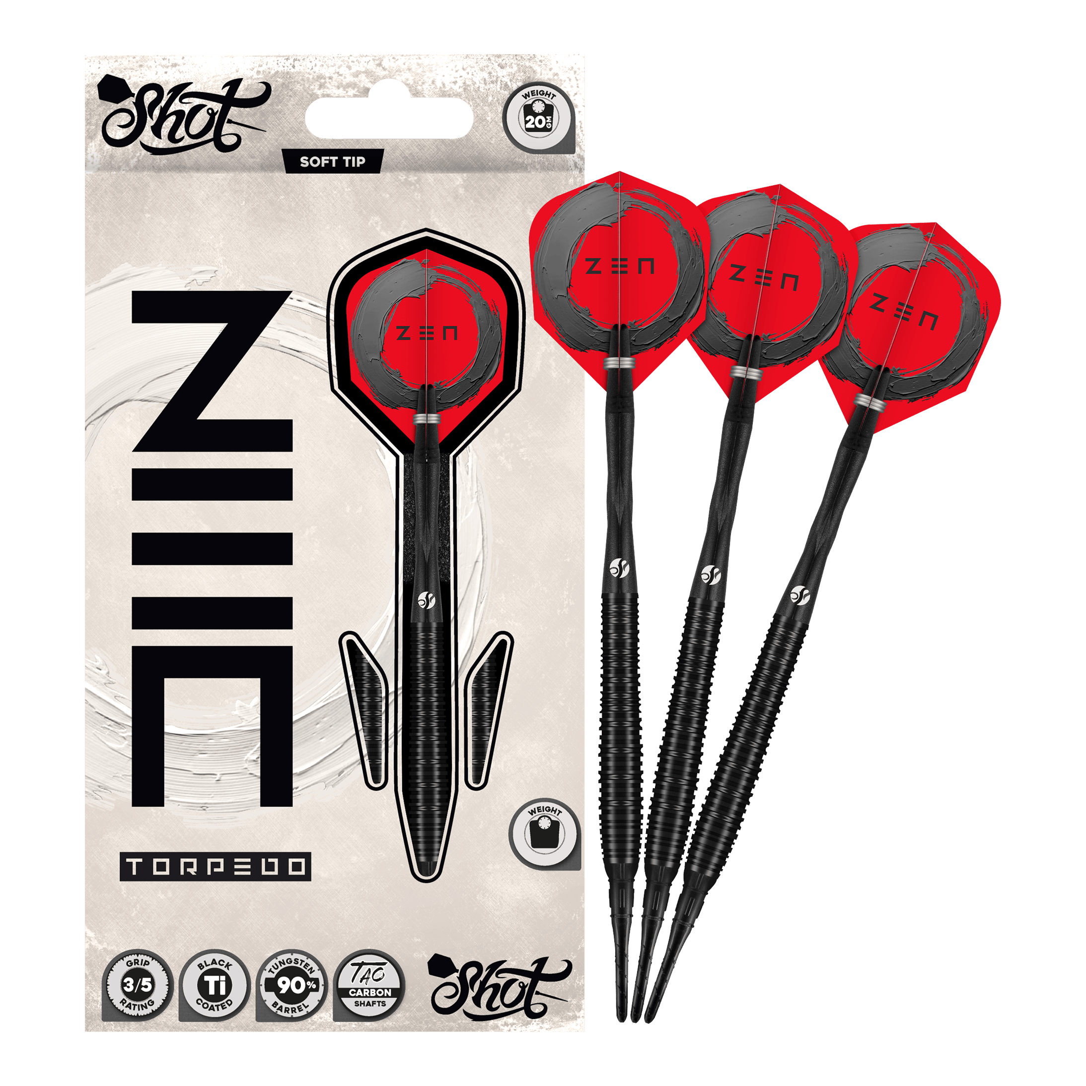 Shot ZEN Torpedo Soft Darts - 20g Abgebildet sind die Shot ZEN Torpedo Softdarts - 20g in voller Länge. Der Dart ist für Präzision Wurftechnik bekannt.