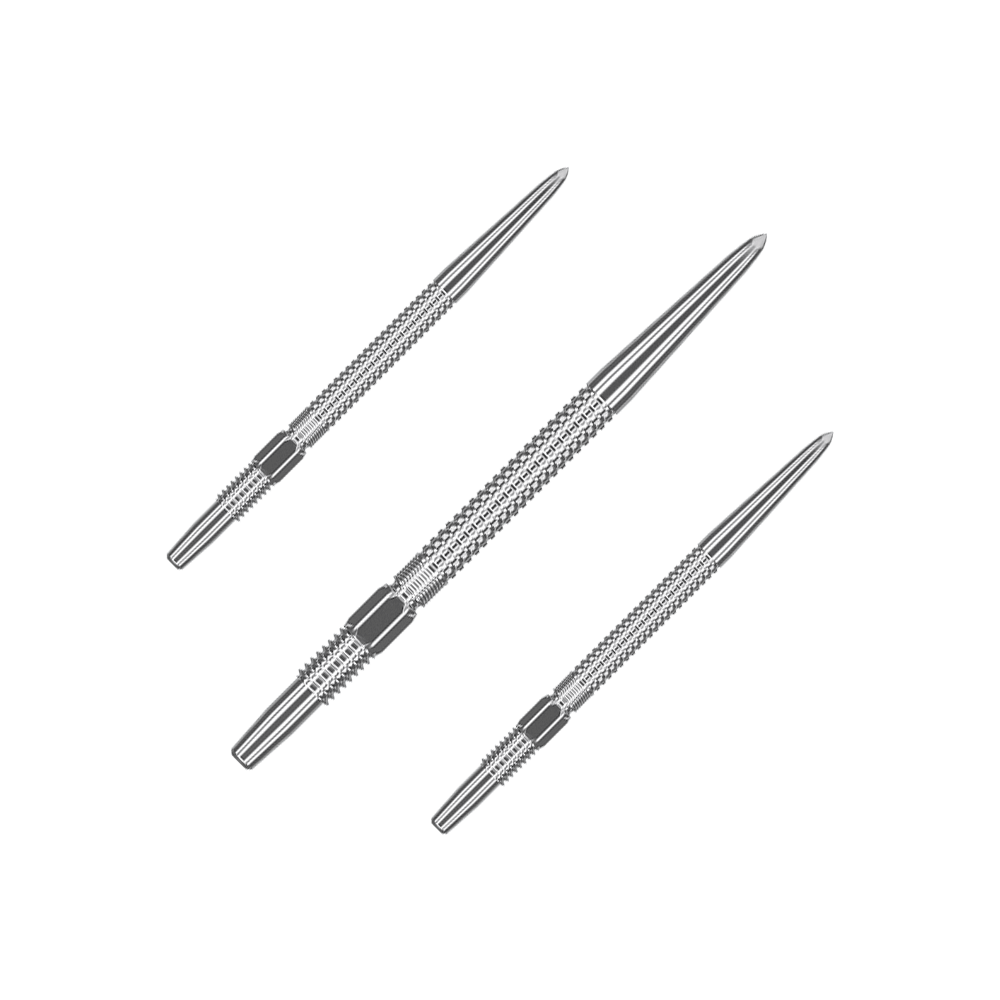 Target Swiss Point GRD Silver dart tips Das Bild zeigt drei silberne Dartspitzen des Produkts "Target Swiss Point GRD Silver Dartspitzen". Sie sind schlank, aus Metall gefertigt und haben eine strukturierte Oberfläche für besseren Halt.