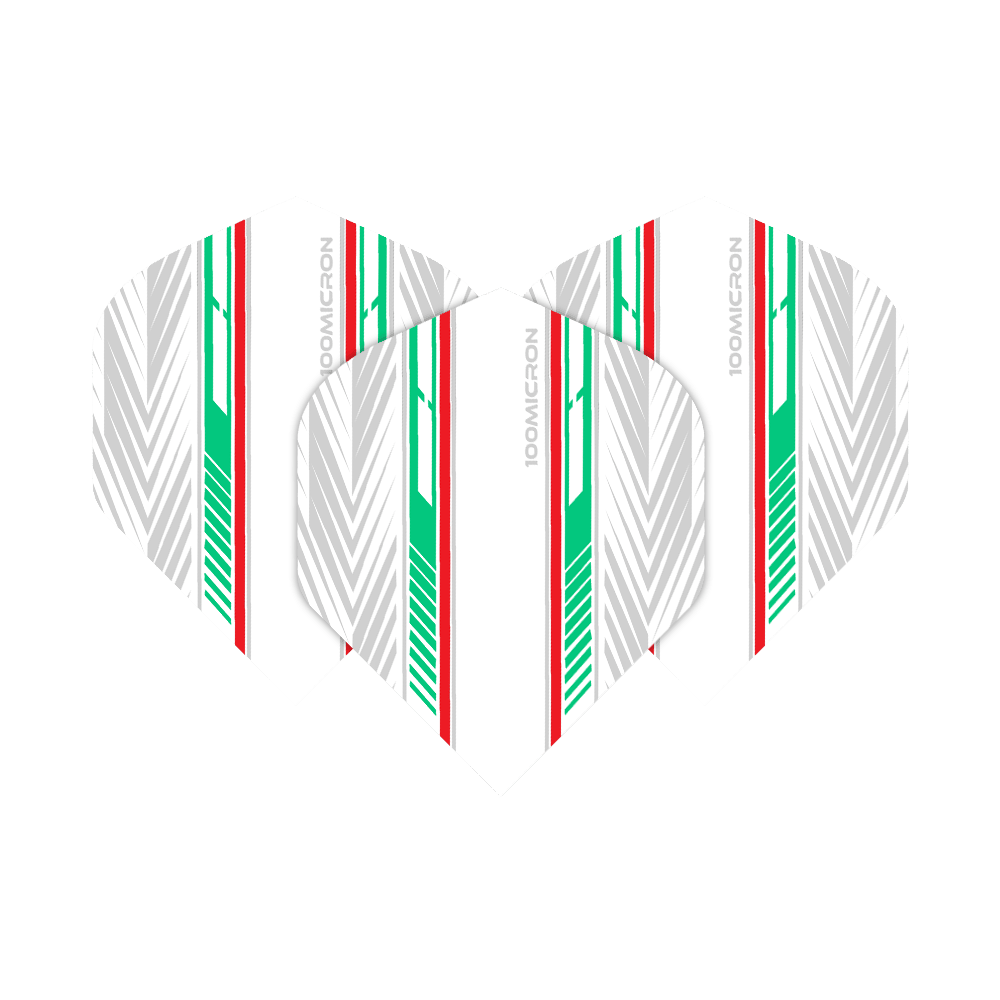Pentathlon Flights white/green/red Das Bild zeigt die "Pentathlon White Green Red No2 Standard Flights" für Dartpfeile. Die Flights sind weiß mit auffälligen grünen, roten und silbernen Streifen gestaltet.