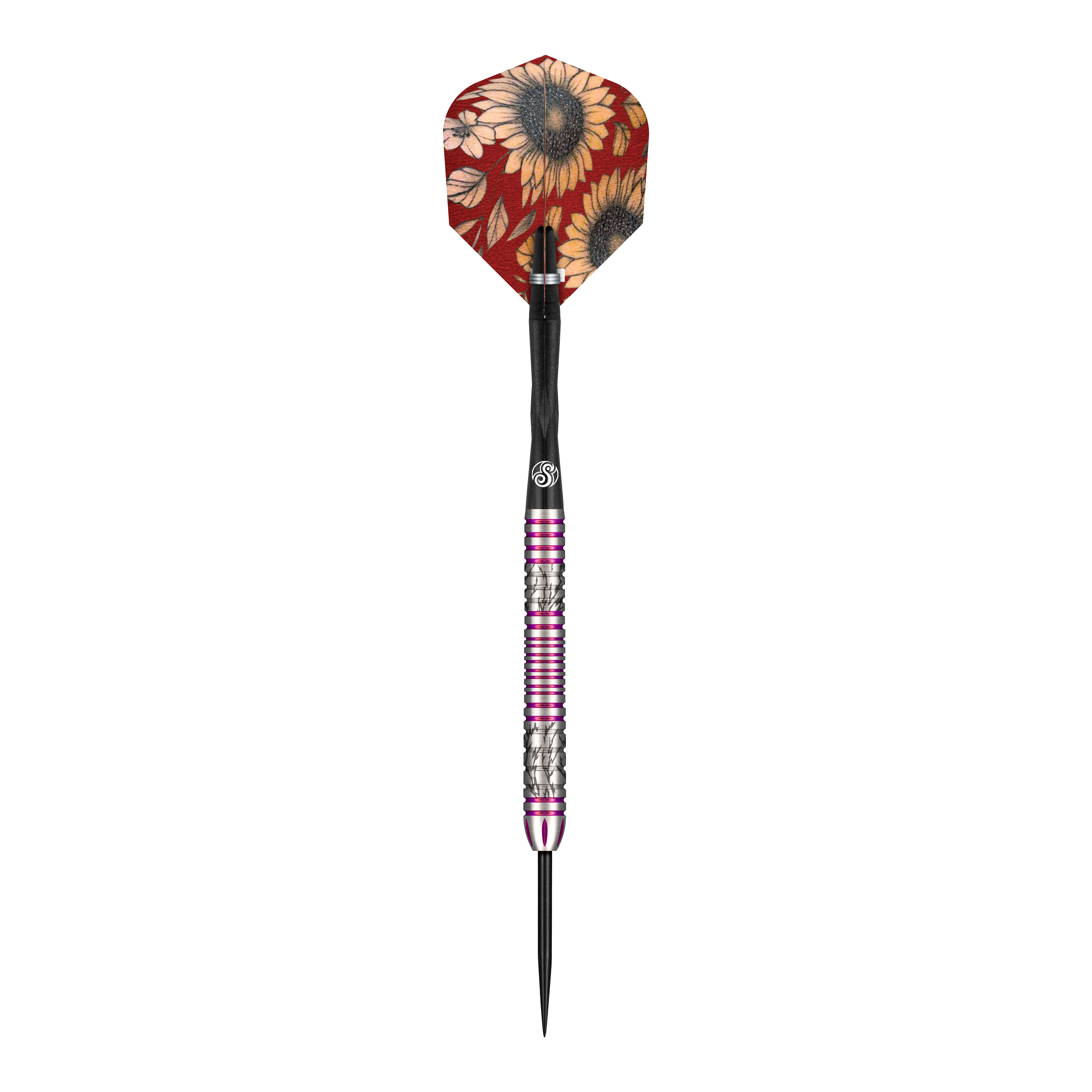 Shot Pro Series Barbora Hospodarska 2 Steeldarts - 23g Das Bild zeigt einen Steeldartpfeil der Marke Shot Pro Series Barora Hospodarska mit einem Gewicht von 23 Gramm. Der Dartpfeil hat eine bunte Flights mit Sonnenblumenmuster und einen silbernen Schaft mit pinkfarbenen Ringen.
