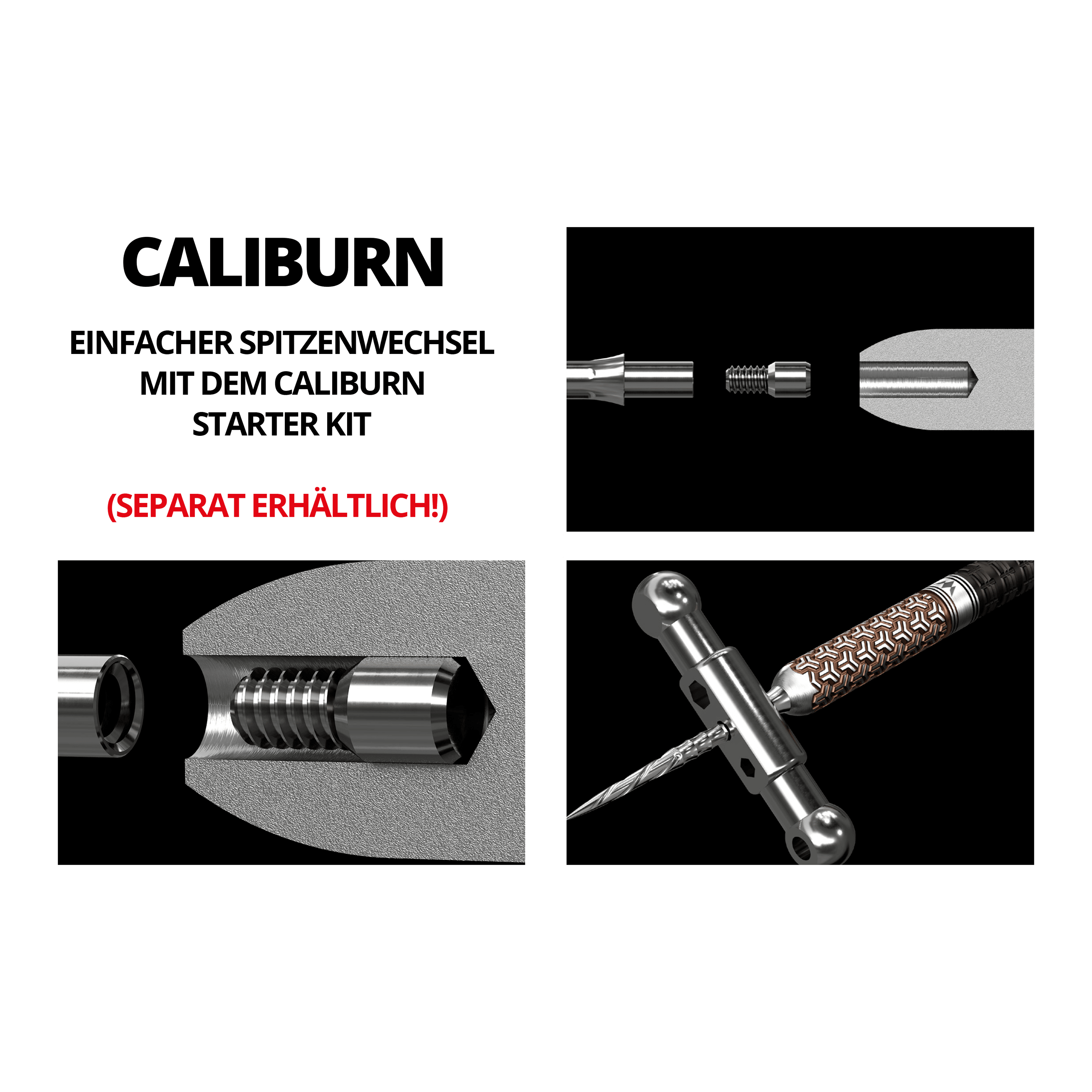 Caliburn System Steel Dart Tips - Smooth - Silver Das Bild zeigt verschiedene technische Darstellungen und Details eines Steeldartspitzen-Systems. In mehreren Grafiken wird die Befestigung und der Zusammenbau der Bauteile veranschaulicht.