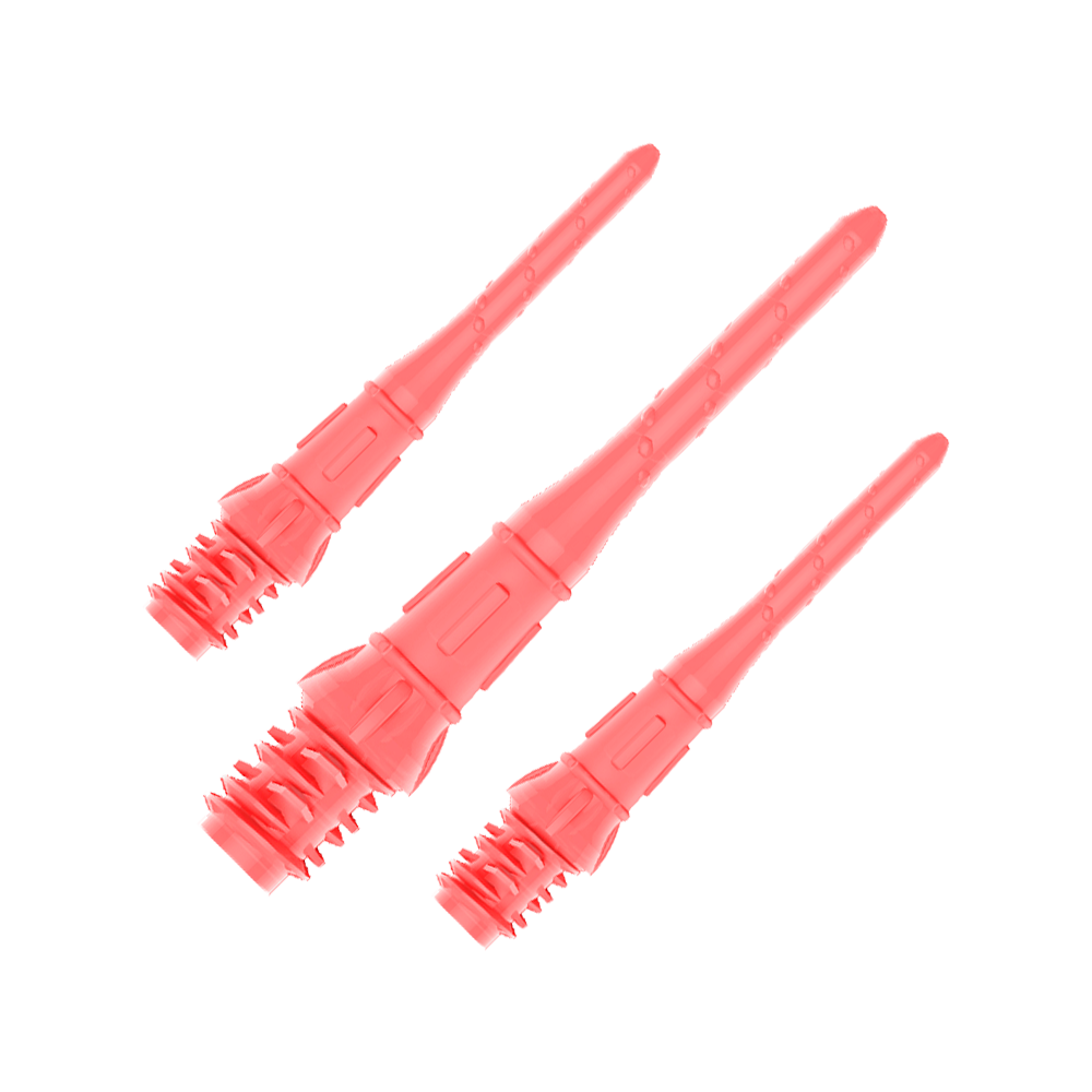 Das Bild zeigt drei pinke Dartspitzen, die eng nebeneinander liegen. Sie sind aus Kunststoff und haben eine schlanke, längliche Form.