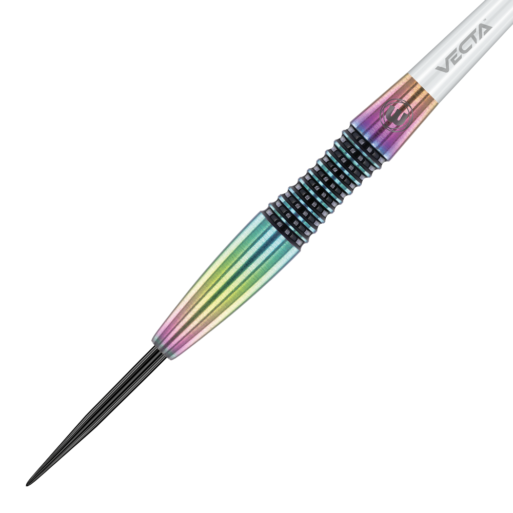 Das Bild zeigt einen Winmau Elektra Steeldart mit einem farbenfrohen, metallischen Design. Der Dartpfeil hat eine glänzende Oberfläche und eine strukturierte Griffzone.